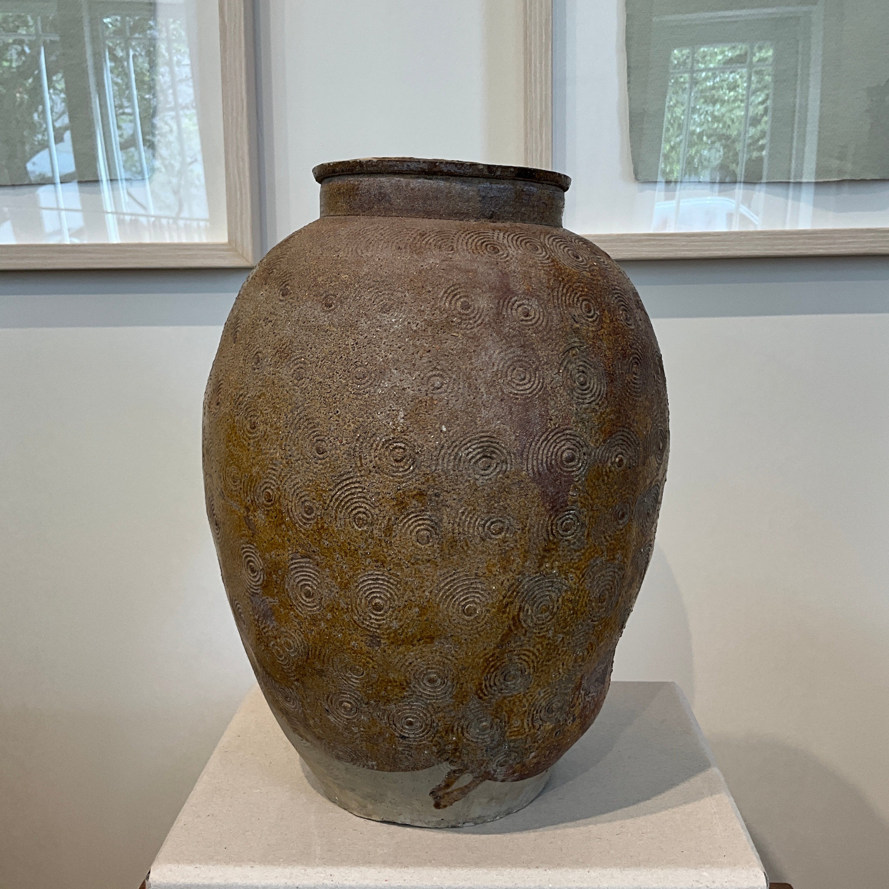 Vintage Brown Ceramic Jar with Circle imprints