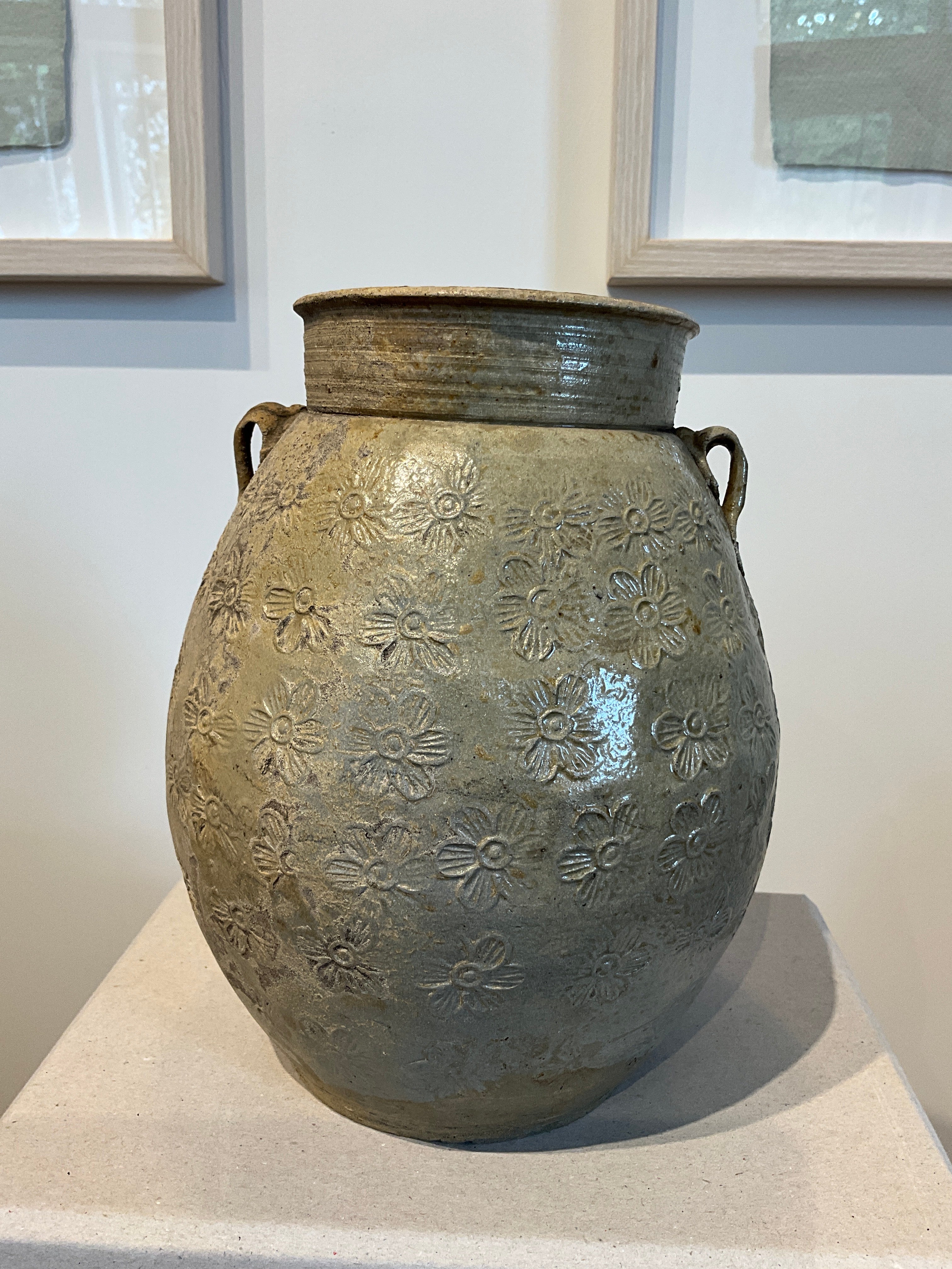 Vintage Ceramic Jar with Floral imprints and handles