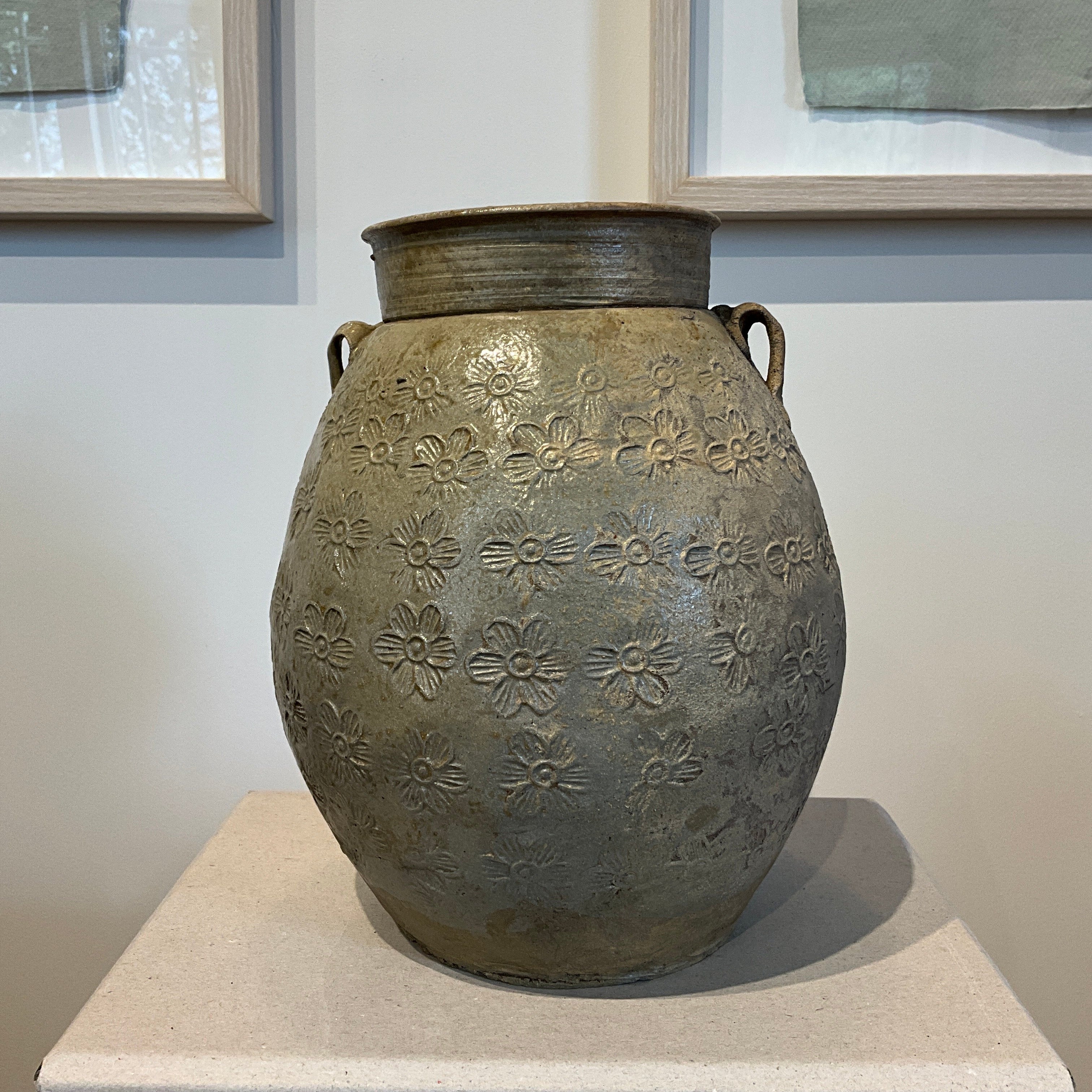 Vintage Ceramic Jar with Floral imprints and handles
