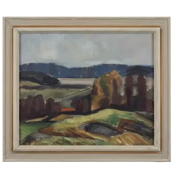 Vintage pastoral landscape painting in white-washed wood frame, displayed on wall