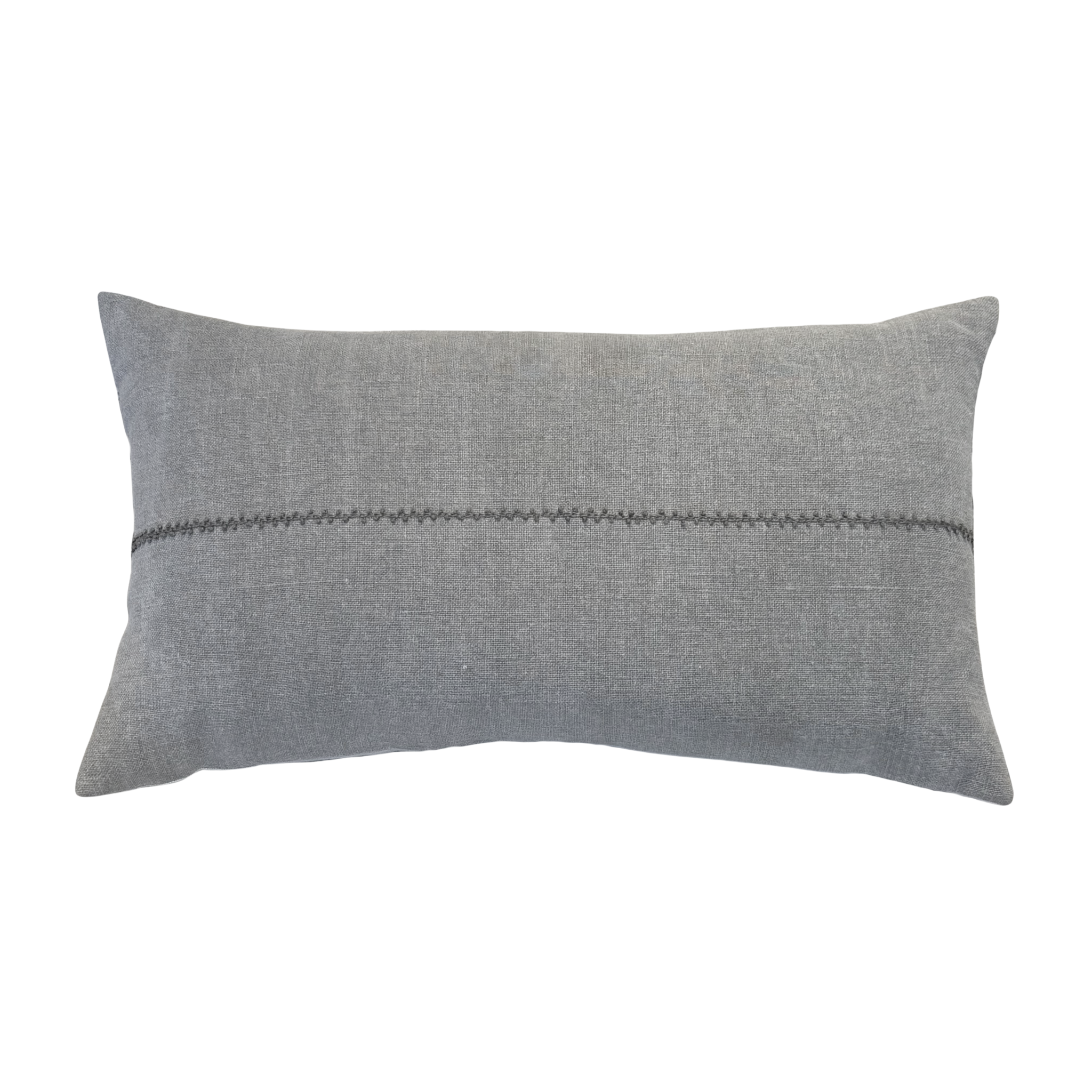 Grey linen pillow with grey stitching across the middle.