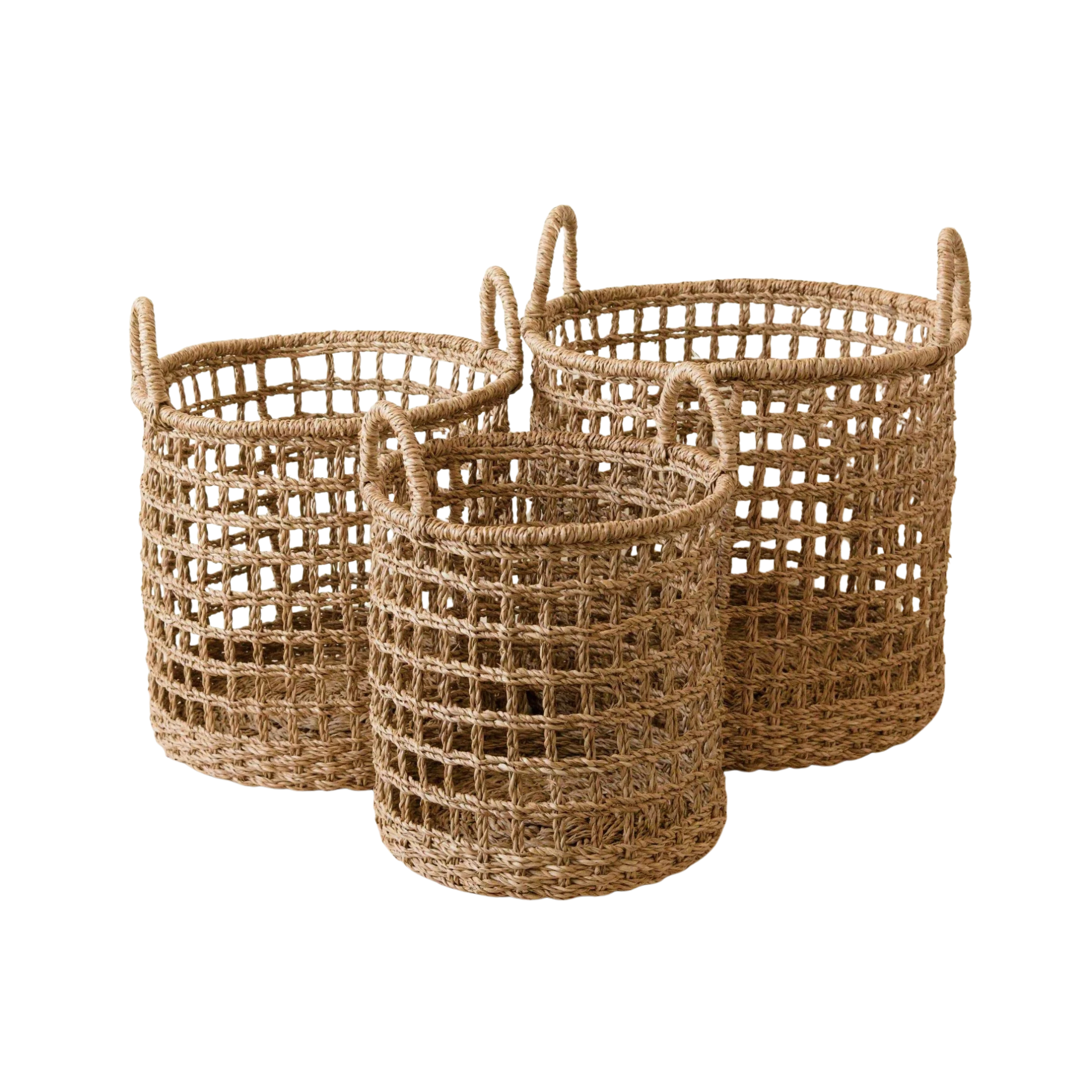 Set of 3 Open Weave Baskets with Handle - Brown