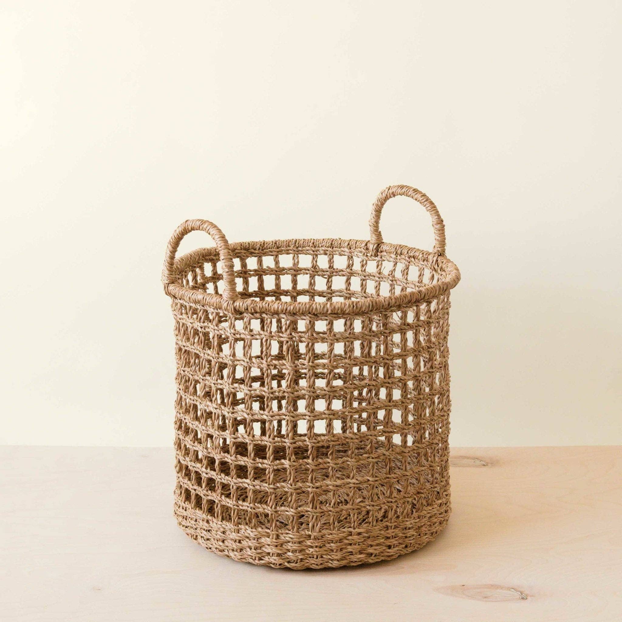 Set of 3 Open Weave Baskets with Handle - Brown