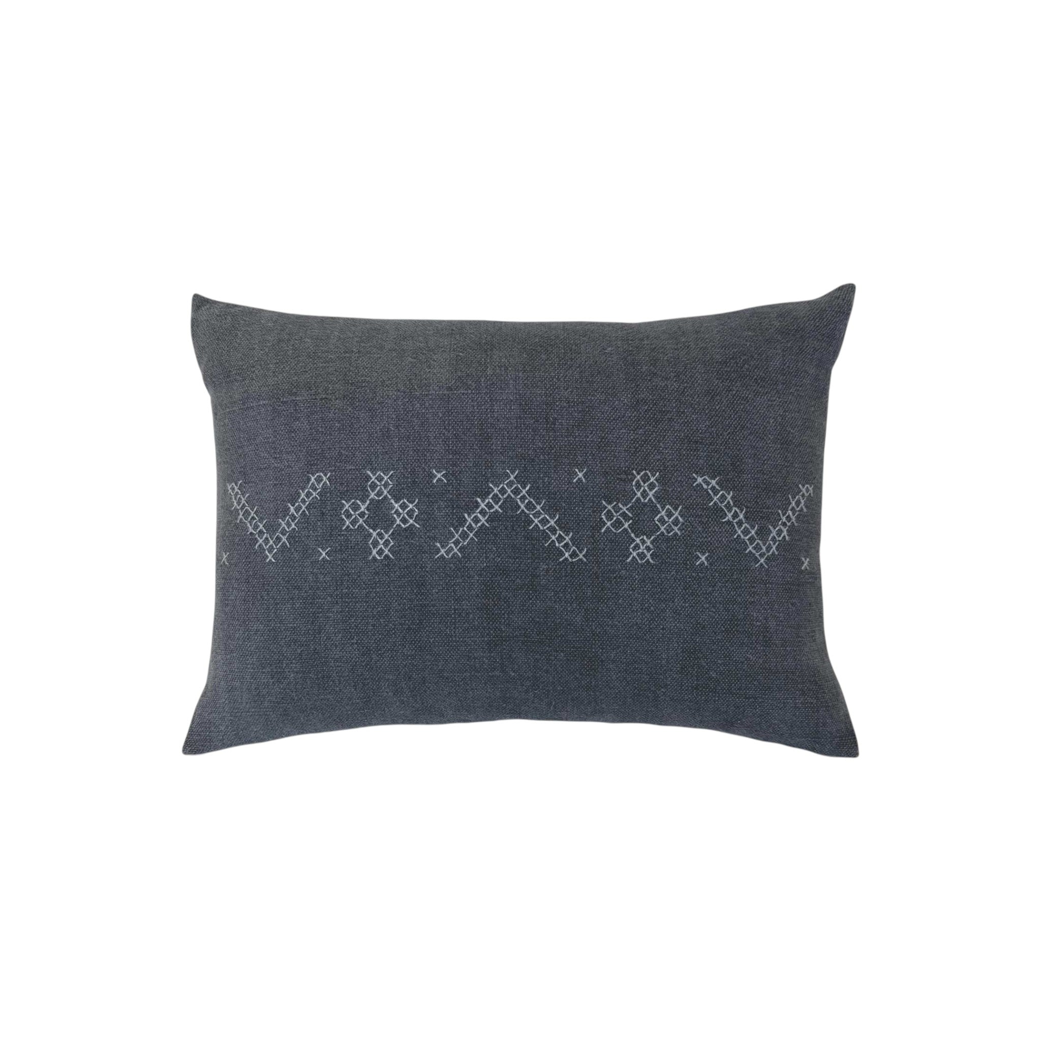 Alma Gray Lumbar Pillow by One Bi One — gray-blue Belgian linen with wool hand embroidery, handcrafted in Gothenburg, Sweden