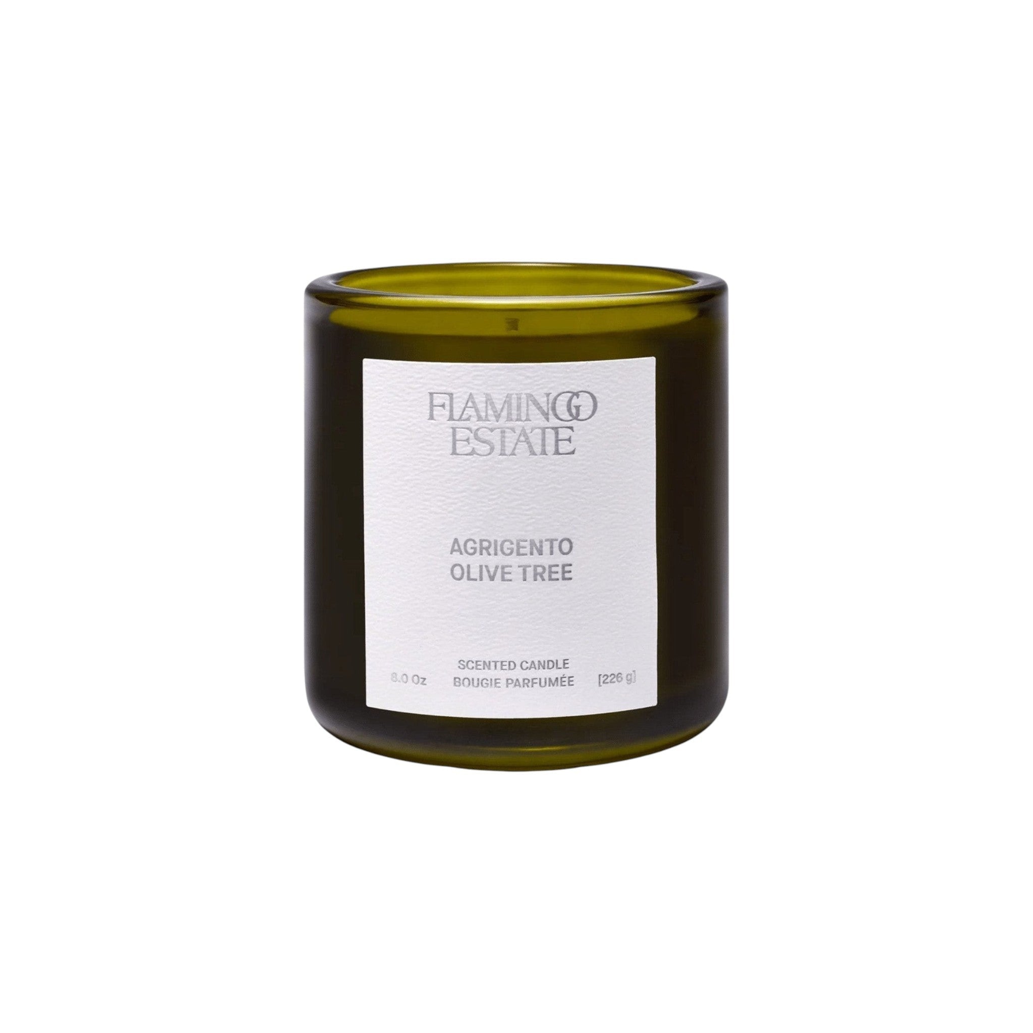Flamingo Estate Ancient Agrigento Olive Tree scented candle in a forest-green glass vessel