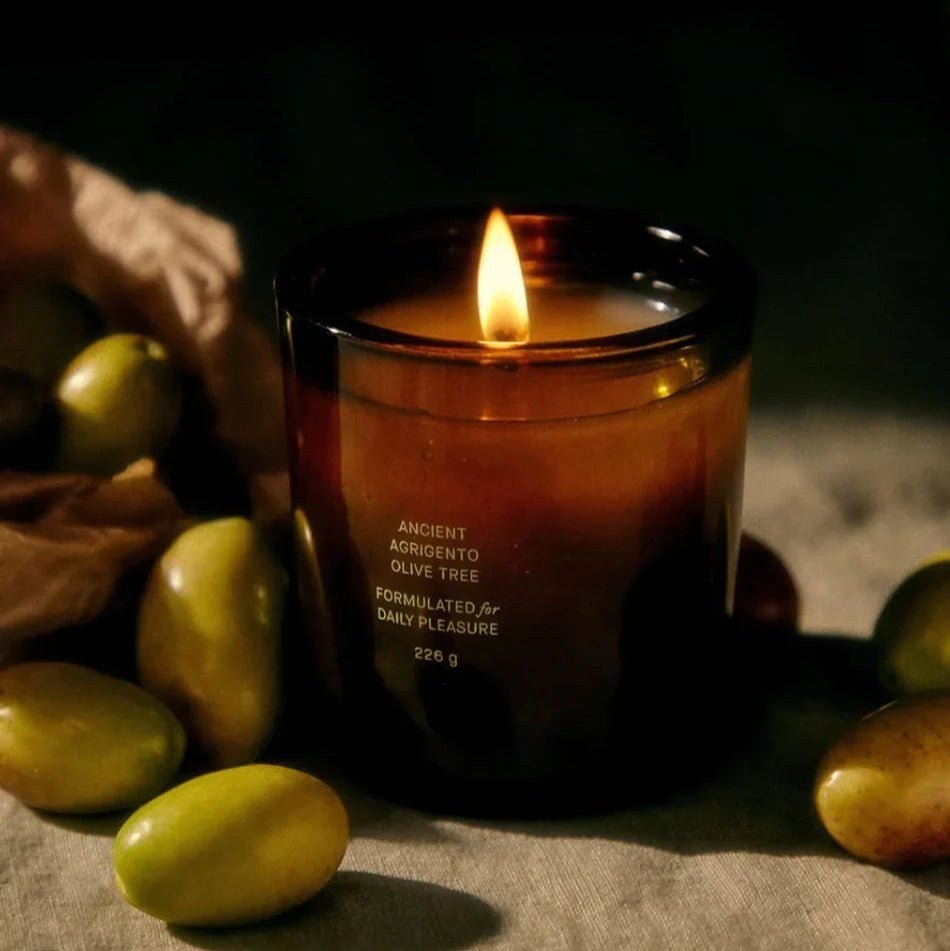 Flamingo Estate Ancient Agrigento Olive Tree candle in a dark glass jar with a lit wick, surrounded by fresh green olives.