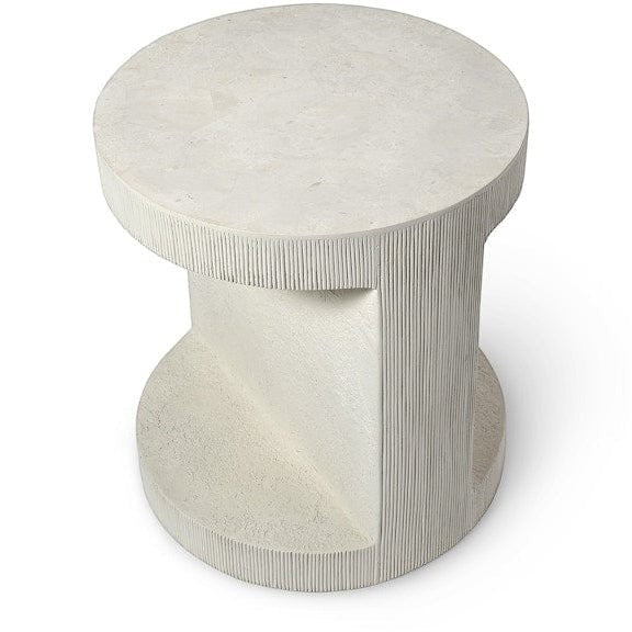 Calimia Home Andros outdoor side table with a white textured stonecast base and inlaid white agate top.