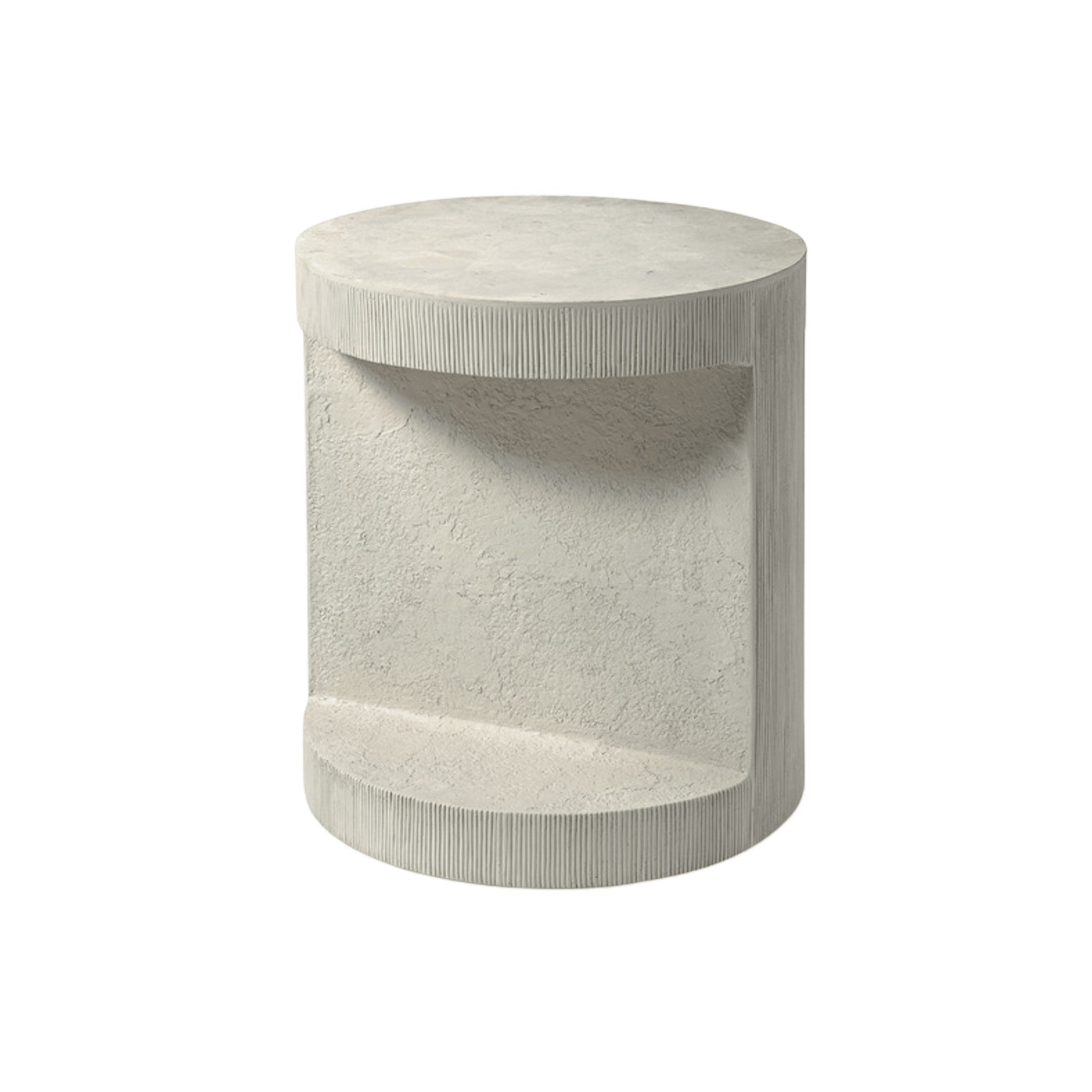 Calimia Home Andros outdoor side table with a sculptural white textured stonecast base and inlaid white agate top.