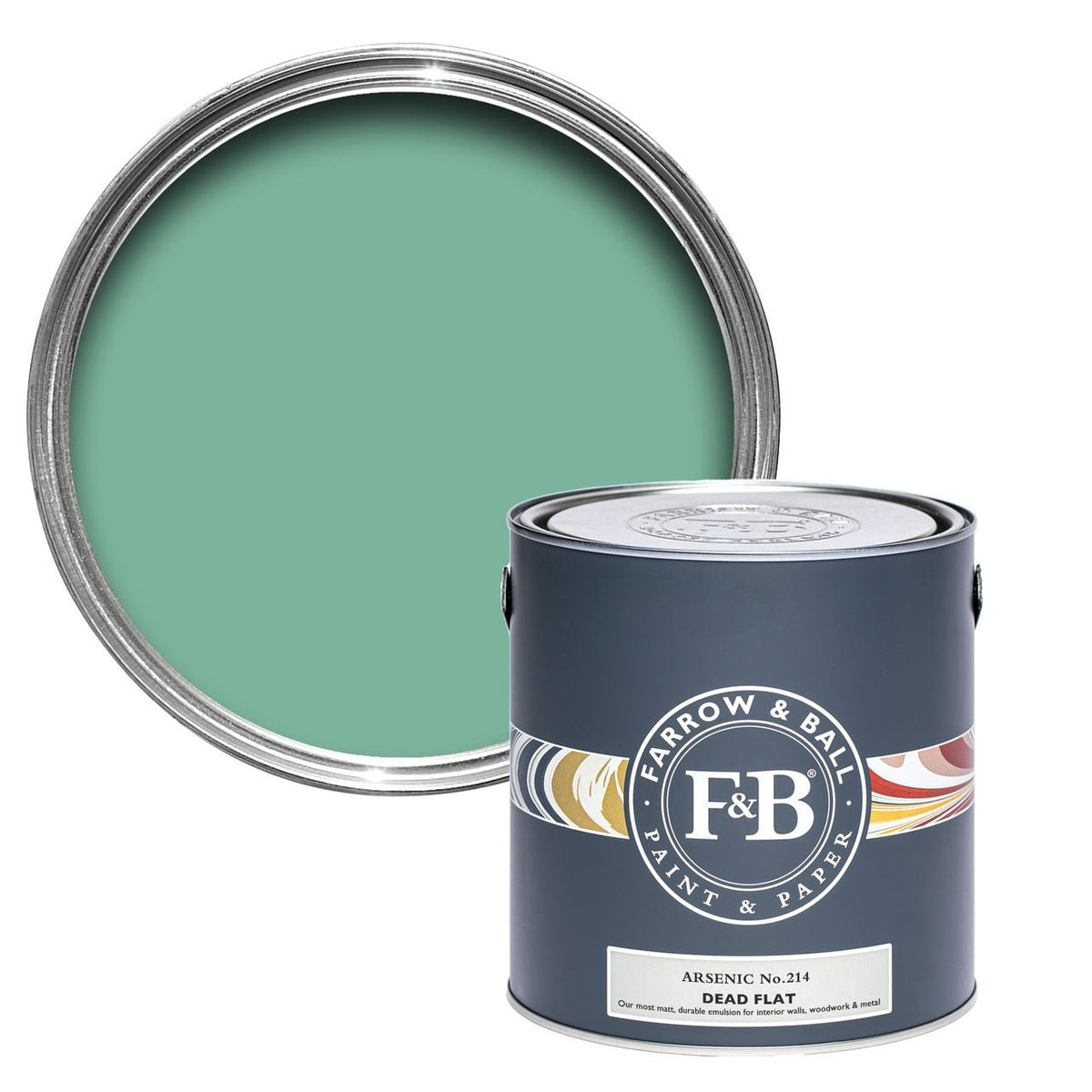 Farrow & Ball Arsenic No.214 paint tin and color swatch