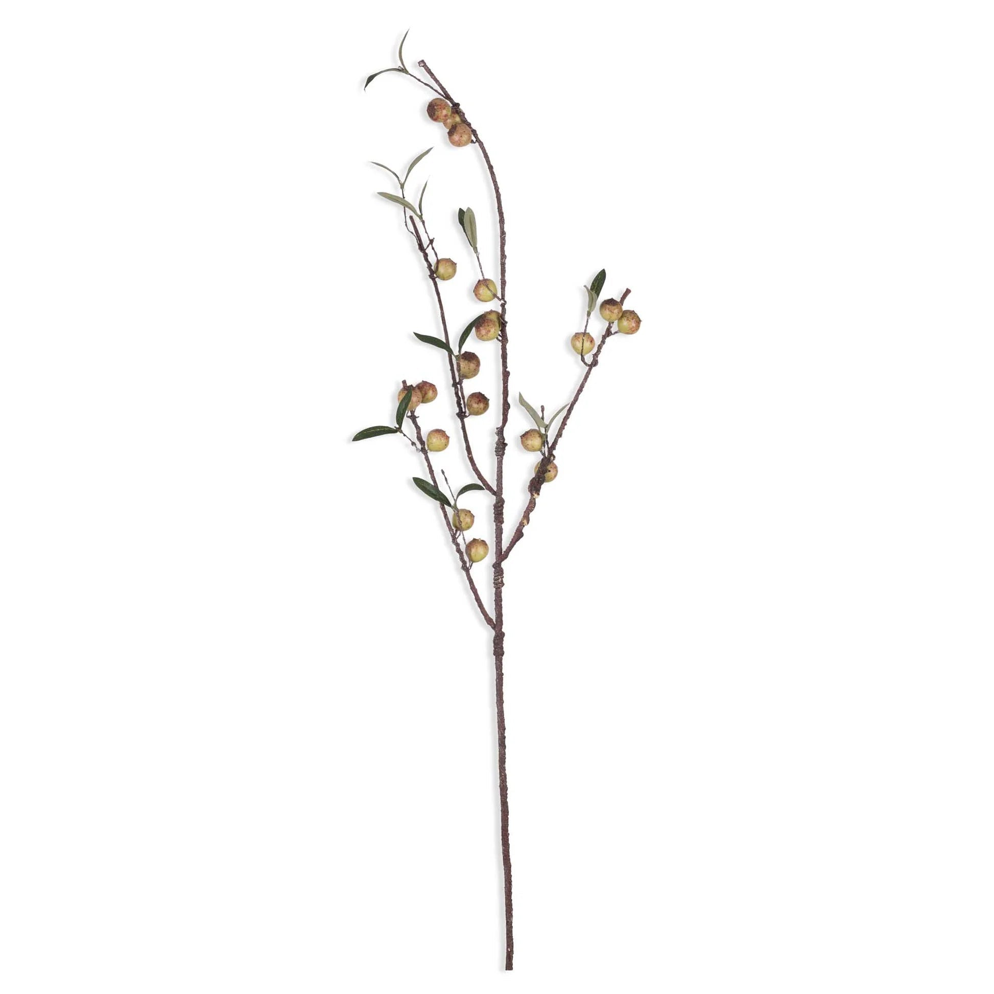 Faux rosehip stem in dappled tones with rich texture, single stem on white background, by Abigail Ahern