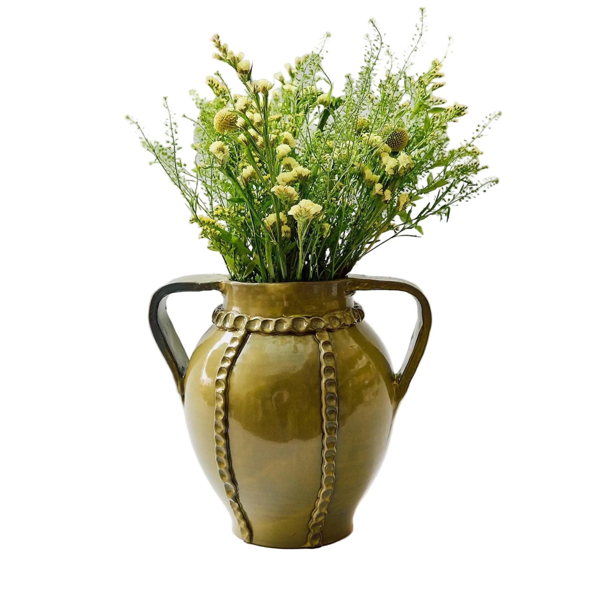 Assisi Double Handled Vase in Ocra — handmade glazed Umbrian clay ceramic by Antonello and Lorenzo Radi, Il Buco Vita, Italy, approximately 6" dia × 12"H