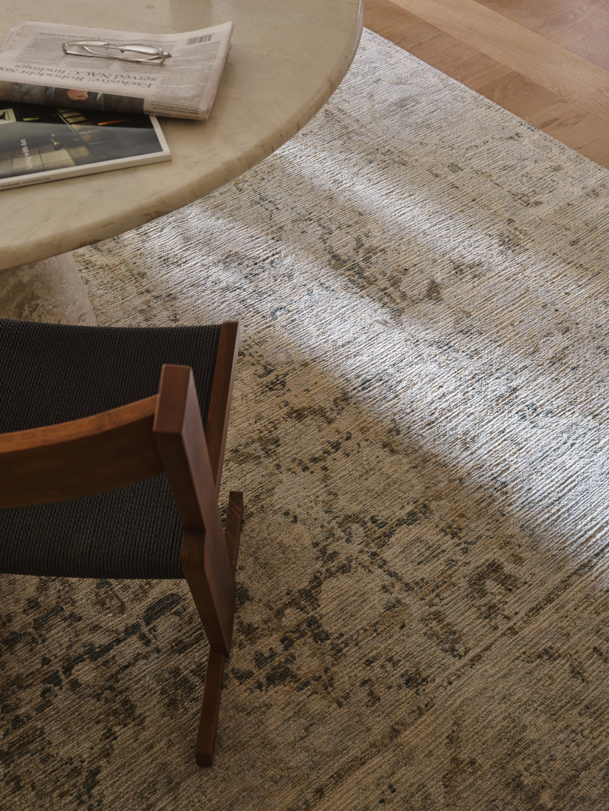 Basilica Rug by Armadillo, handcrafted wool rug, styled in a room at Calimia Home