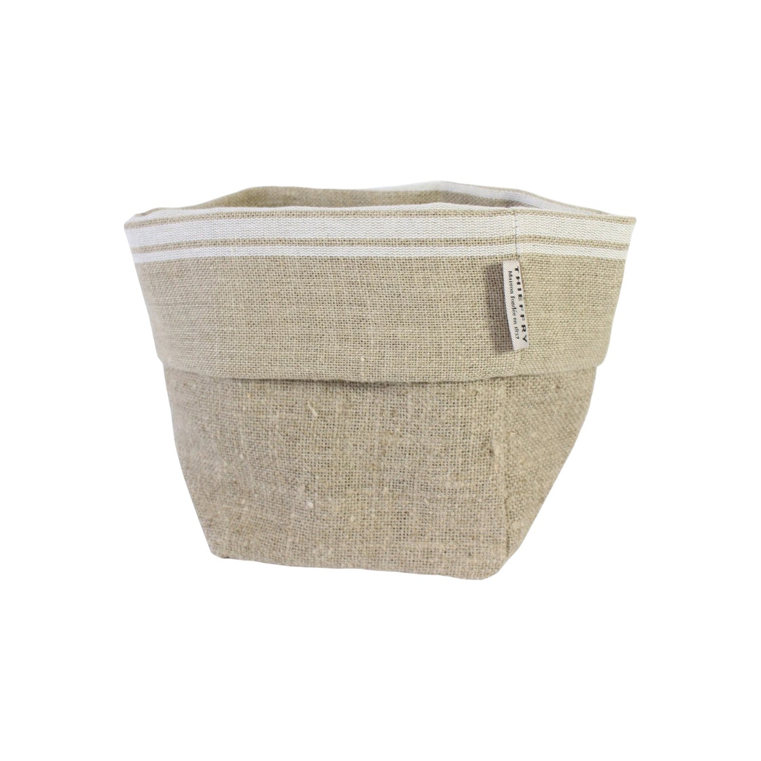Calimia Home collapsible bread basket made from natural beige Belgian linen with white striped trim detail.