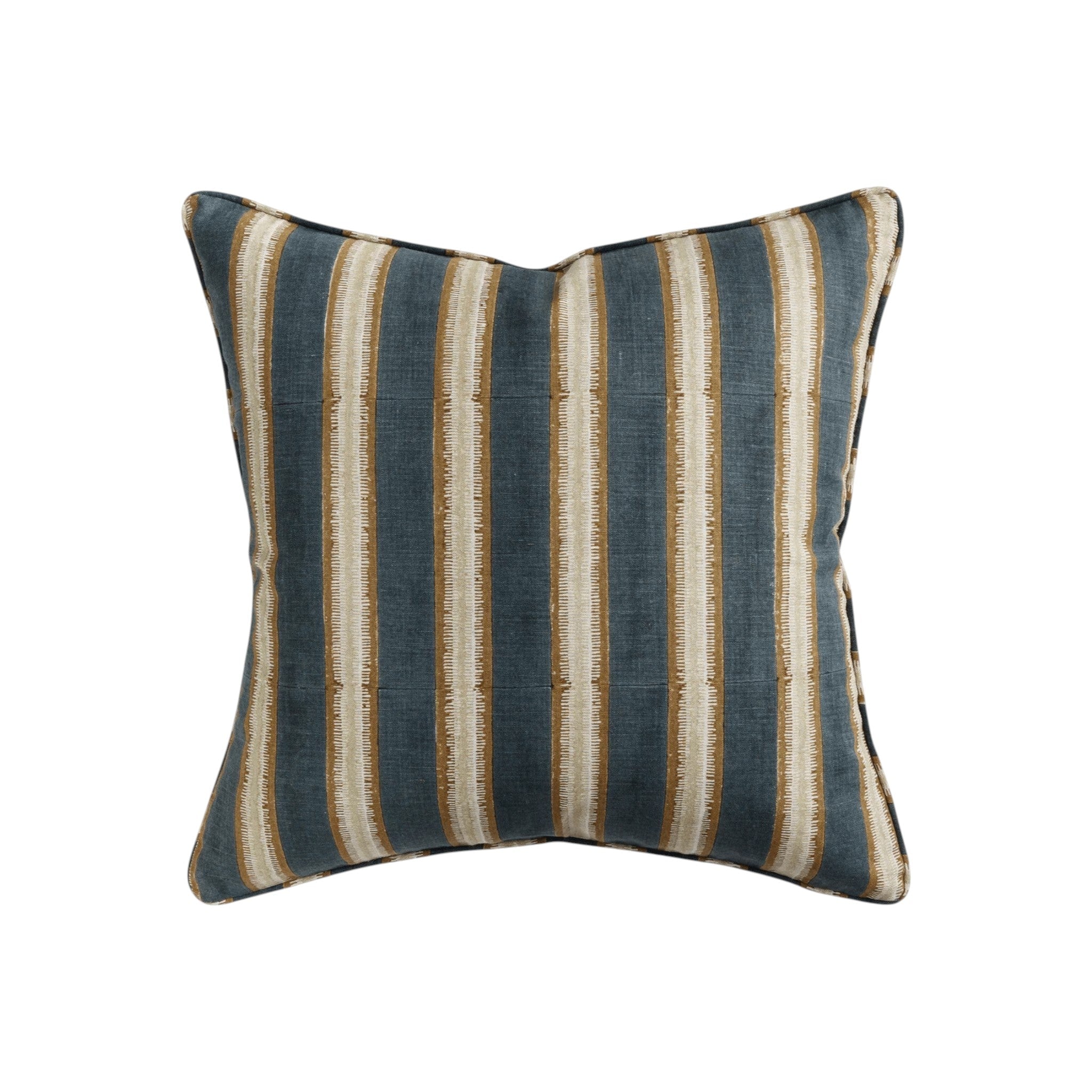 Walter G Buzios Desert decorative pillow with blue and tan vertical stripes, pipe edge, and hidden zipper.