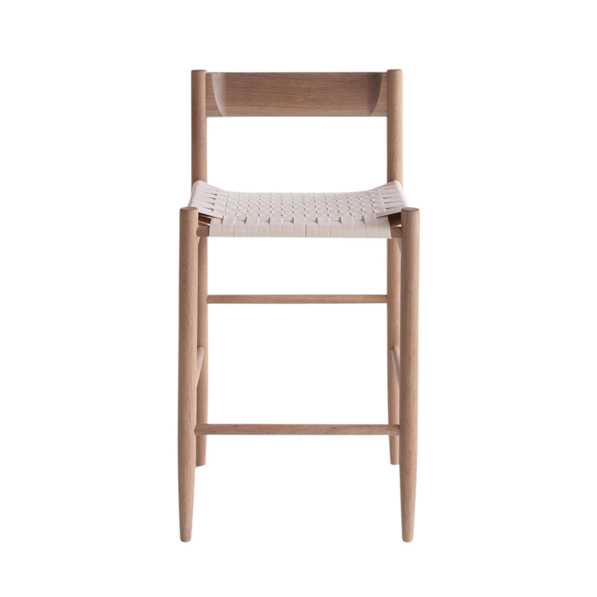 Calimia Home Gaon counter stool with a solid white oak frame and a woven natural leather seat and backrest.
