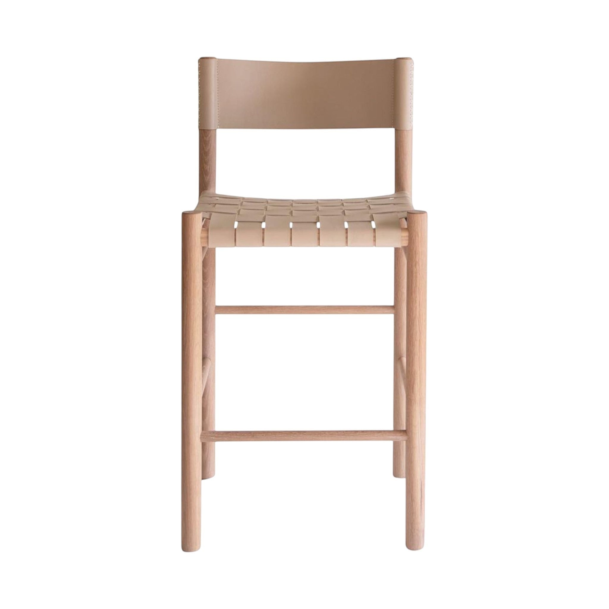 Calimia Home Flag Counter Stool with a solid oak frame and woven natural leather seat and backrest