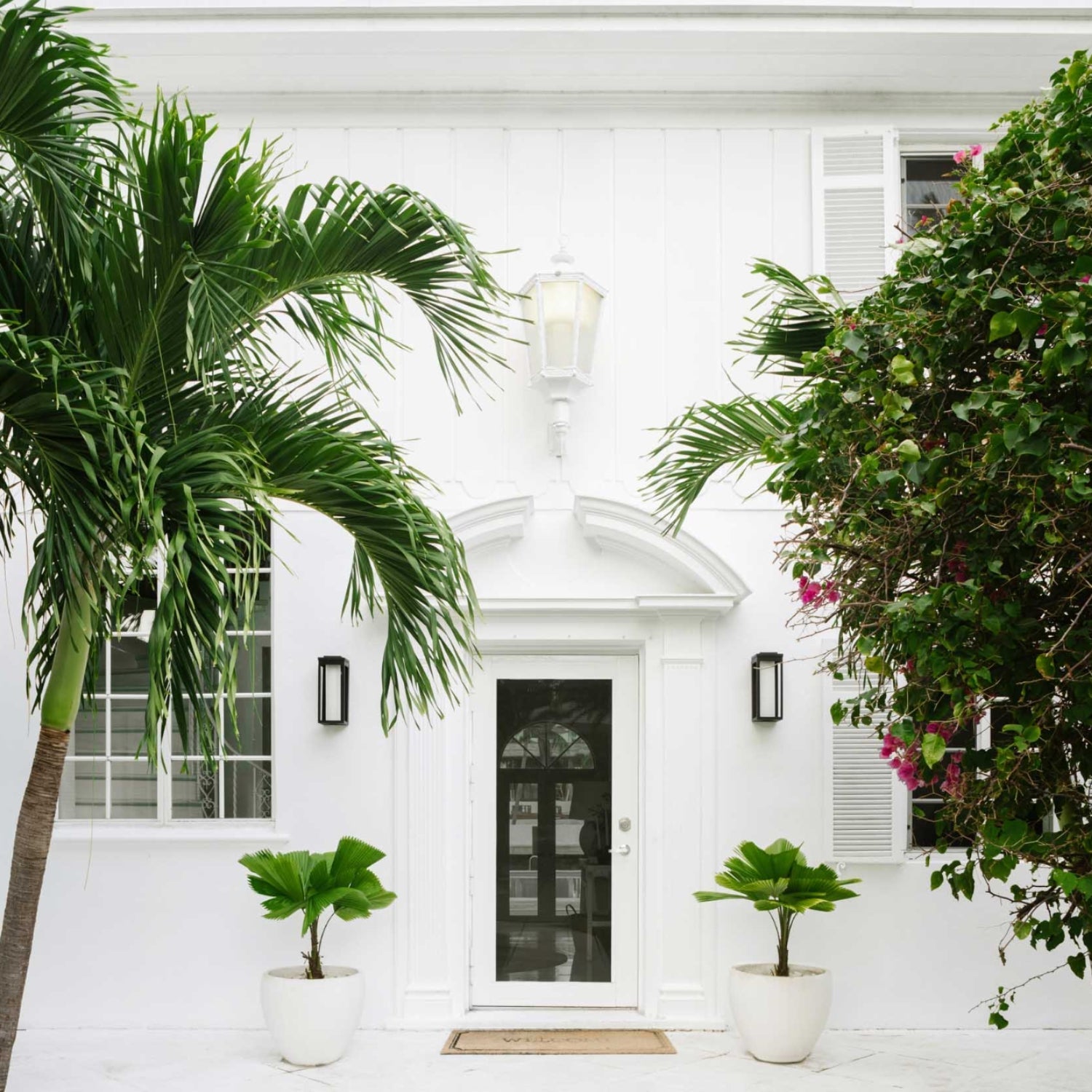White entry with palms and potted plants — Sunset Island, an interior design project in Miami Beach
