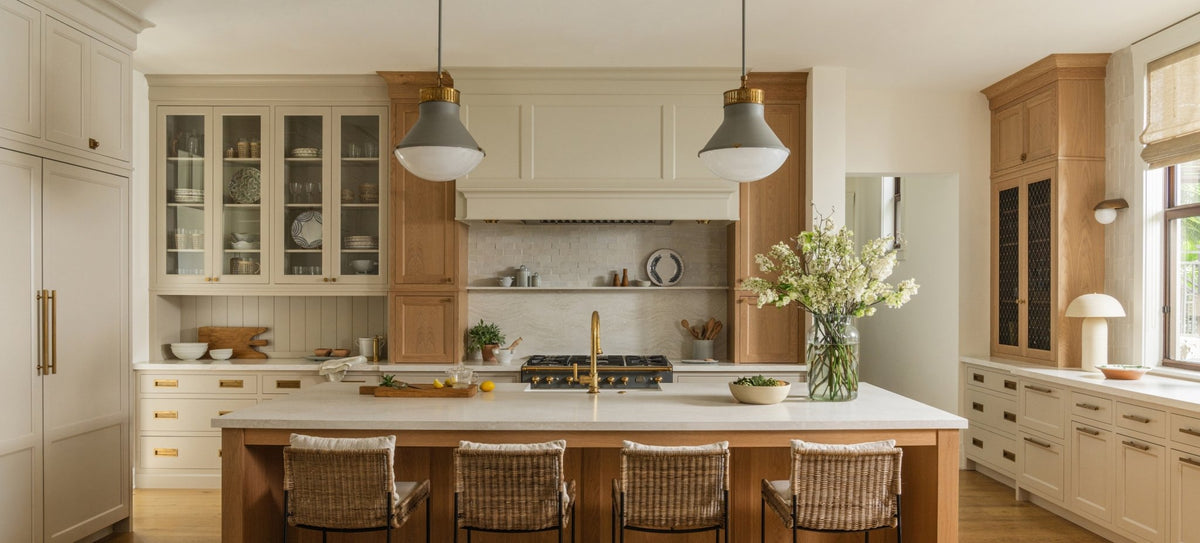 White oak kitchen island with rattan counter stools, Coral Way Kitchen by Calimia Home