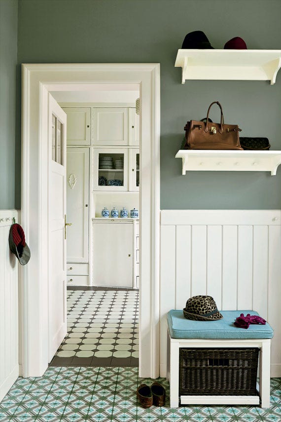 Entryway painted in Farrow & Ball Card Room Green No.79