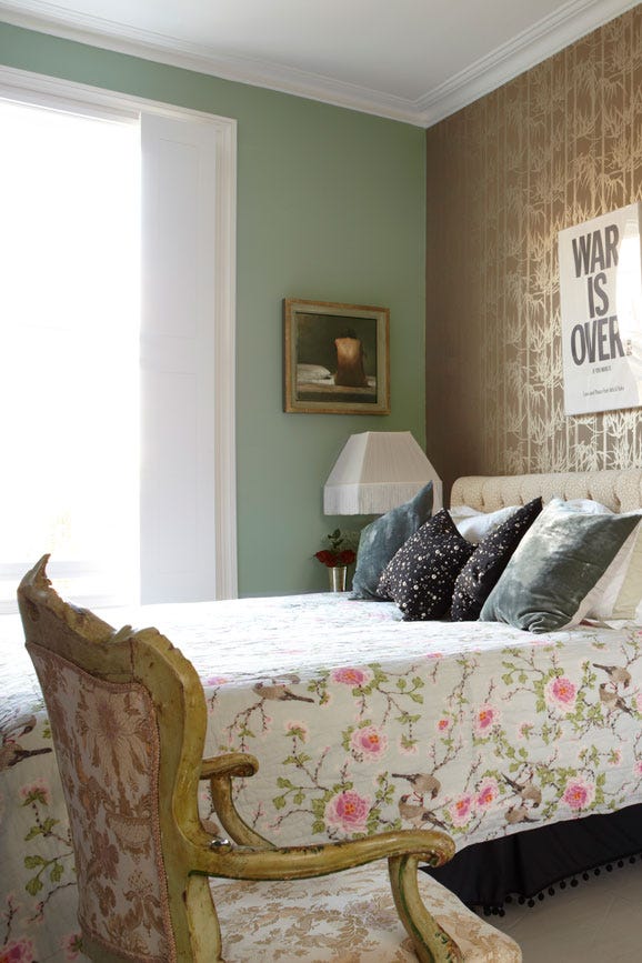 Bedroom painted in Farrow & Ball Card Room Green No.79