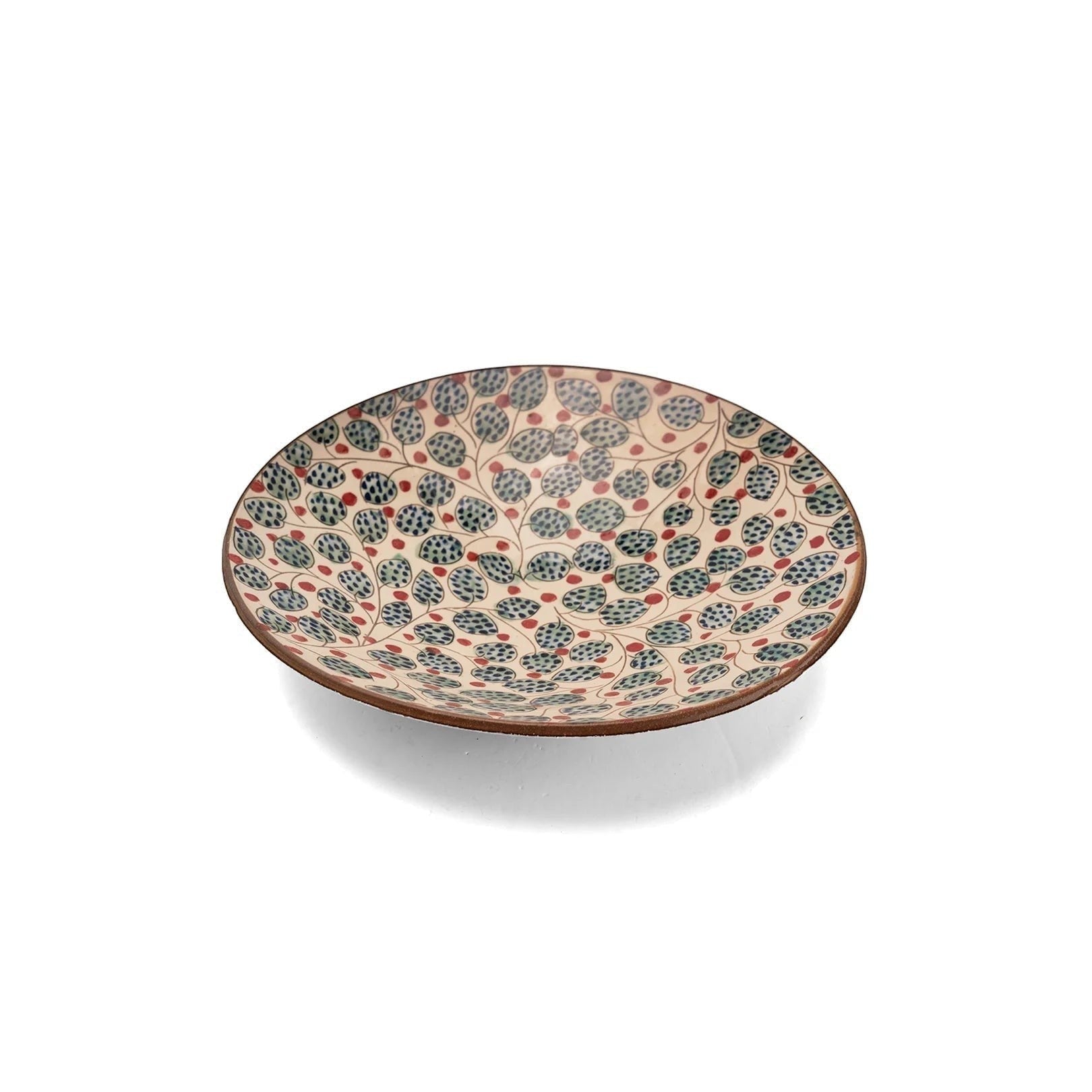 Kiliim Cherry ceramic serving plate on a white background, hand-painted cherry motif on glazed clay from Tunis, Egypt