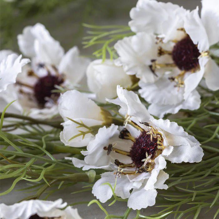 Tall cosmos cream stem styled with vase and neutral botanicals, plastic and fabric faux floral