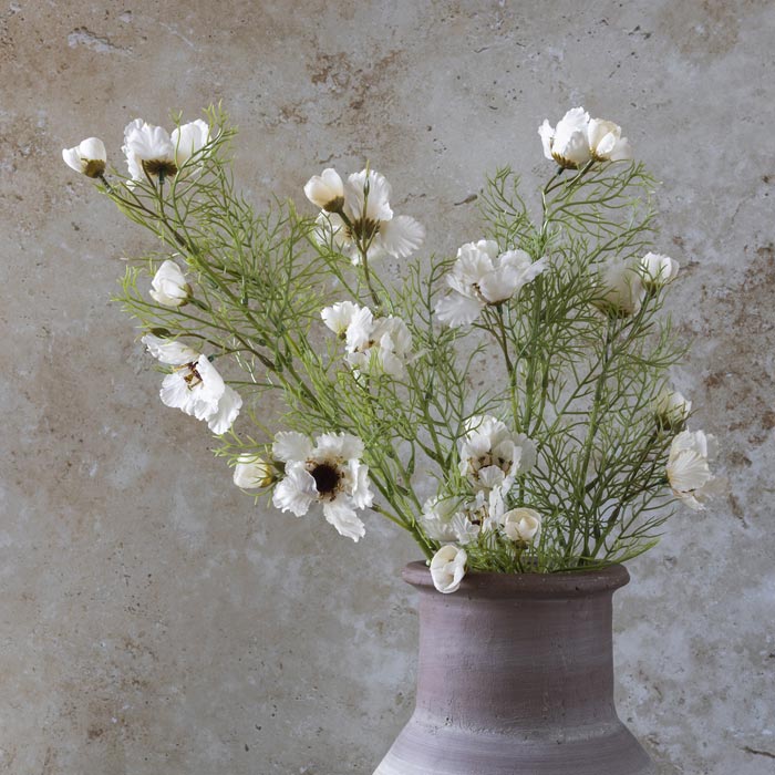 Cosmos cream faux flower close-up showing delicate cream petals and lifelike stem detail