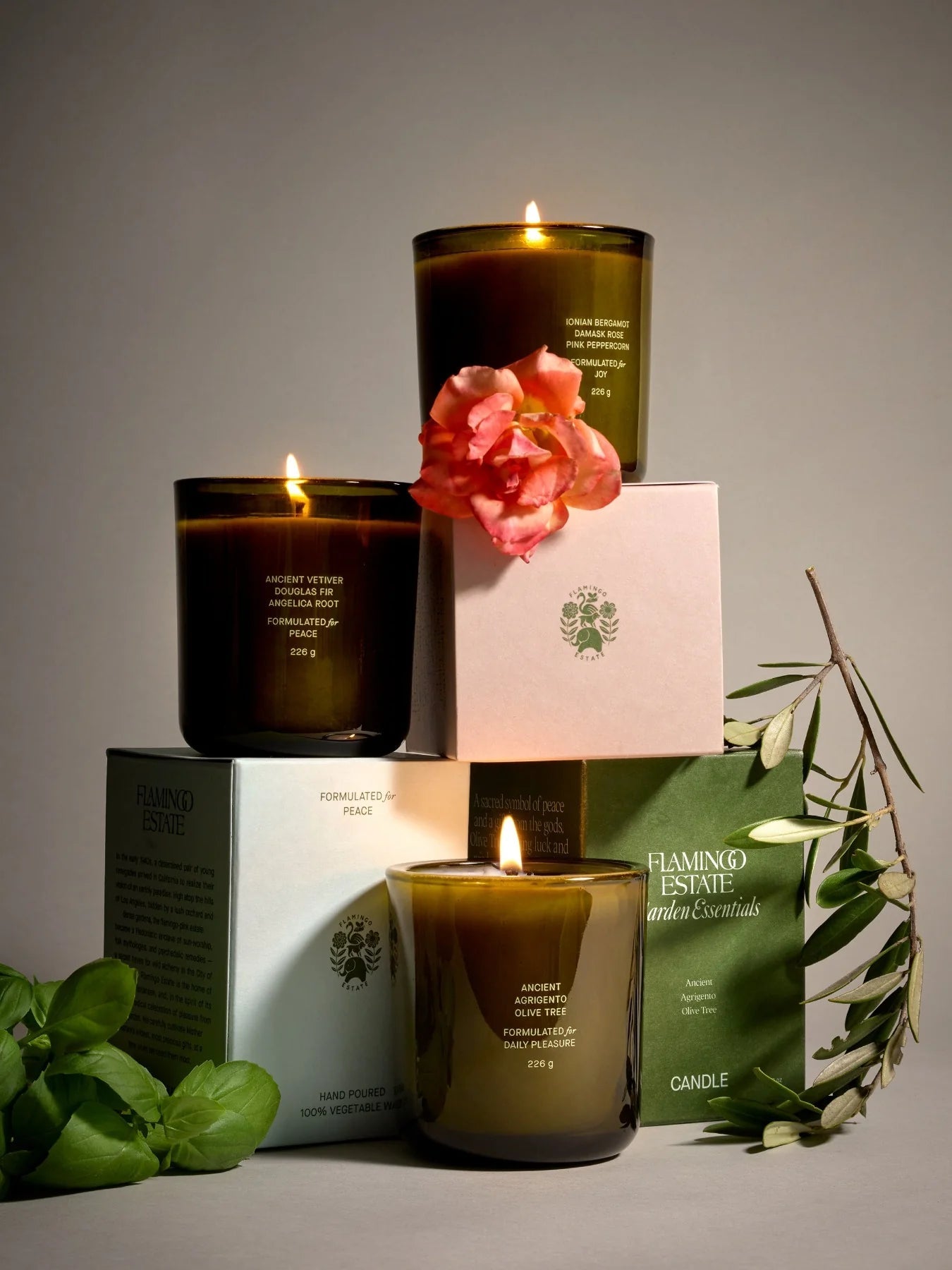 The Douglas Fir & Ancient Vetiver Candle stacked among Flamingo Estate Garden Essentials gift boxes, accented by a pink rose, fresh basil and a trailing olive branch.