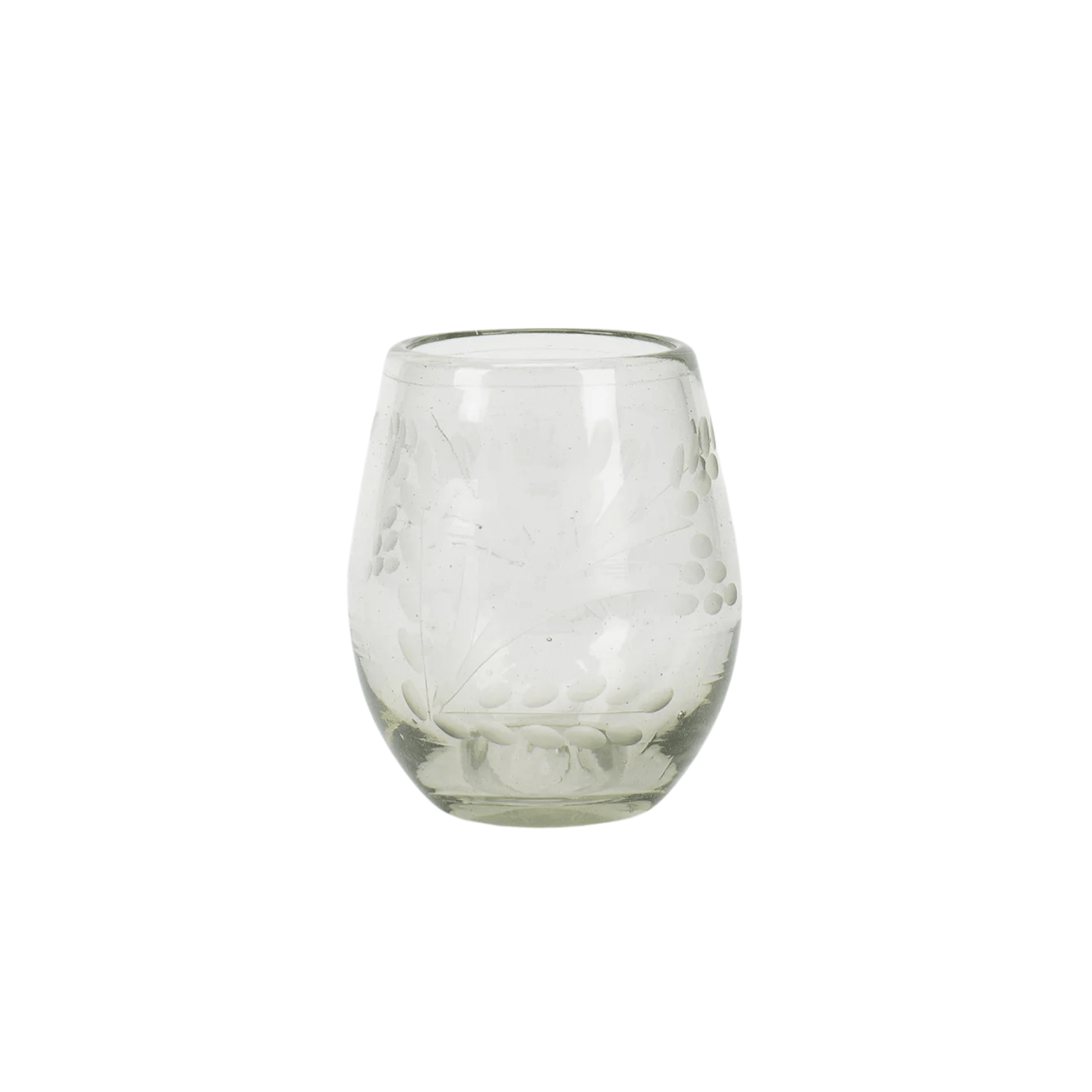 The Etched Oval Glass is a handmade tumbler featuring an etched floral pattern and delicate leaf designs, displayed on a plain white background.