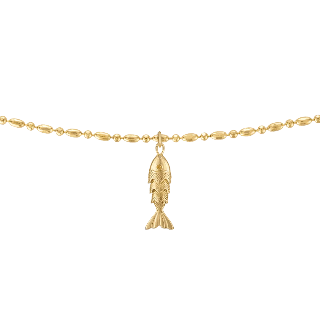 Yellow gold necklace with fish bar pendant on textured chain