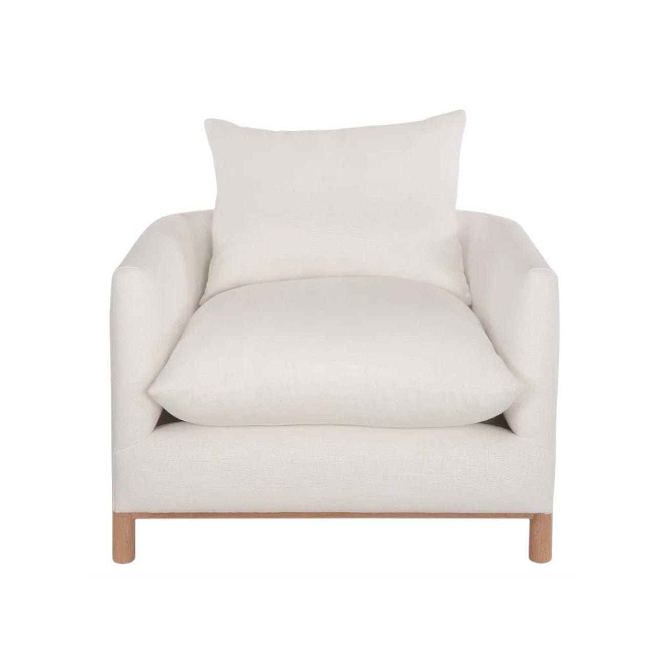 Calimia Home Fenn Chair in ivory Belgian linen with natural oak legs and a structured, comfortable silhouette.
