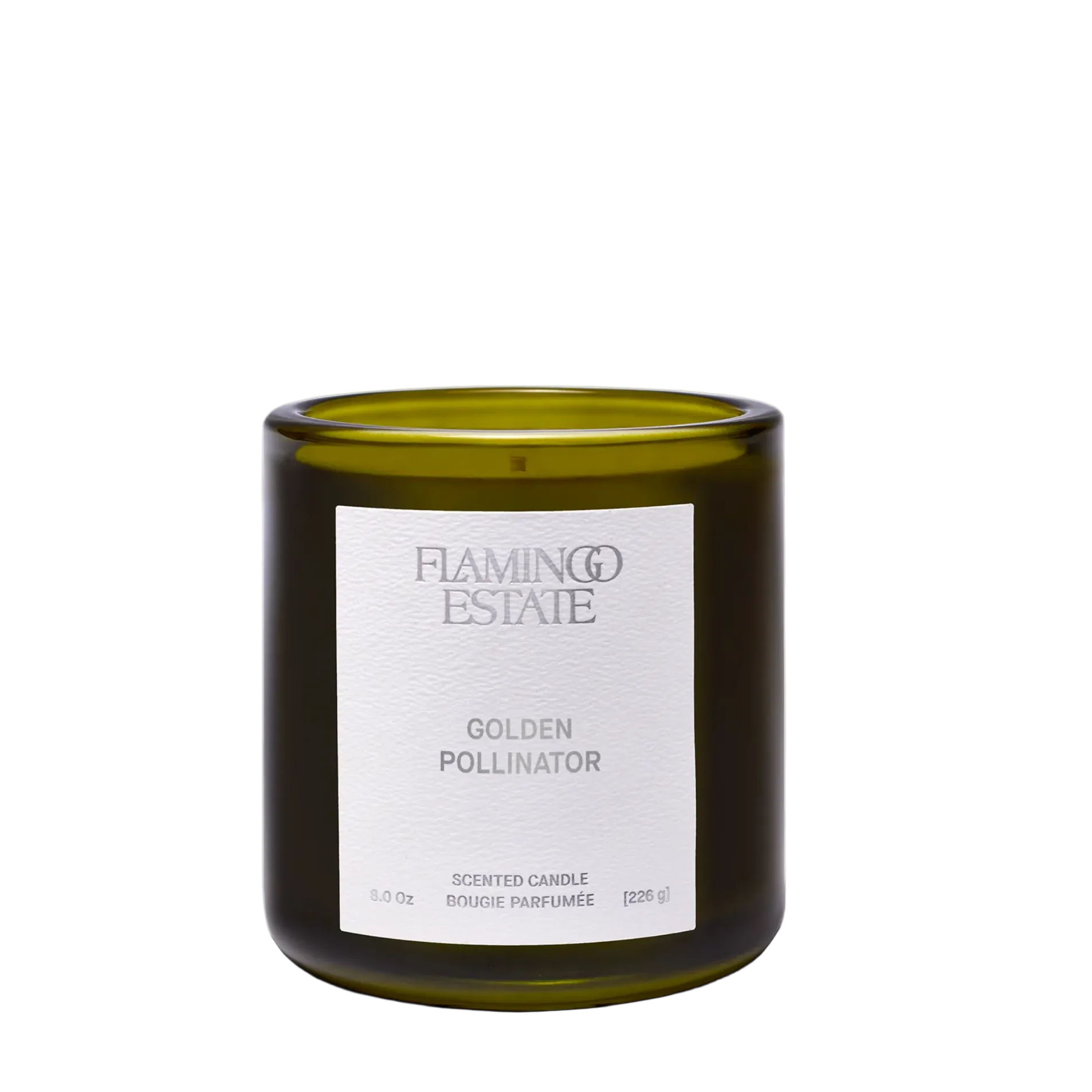 Golden Pollinator Candle by Flamingo Estate, 8 oz plant-based soy wax candle in recyclable glass, linden blossom and bergamot fragrance