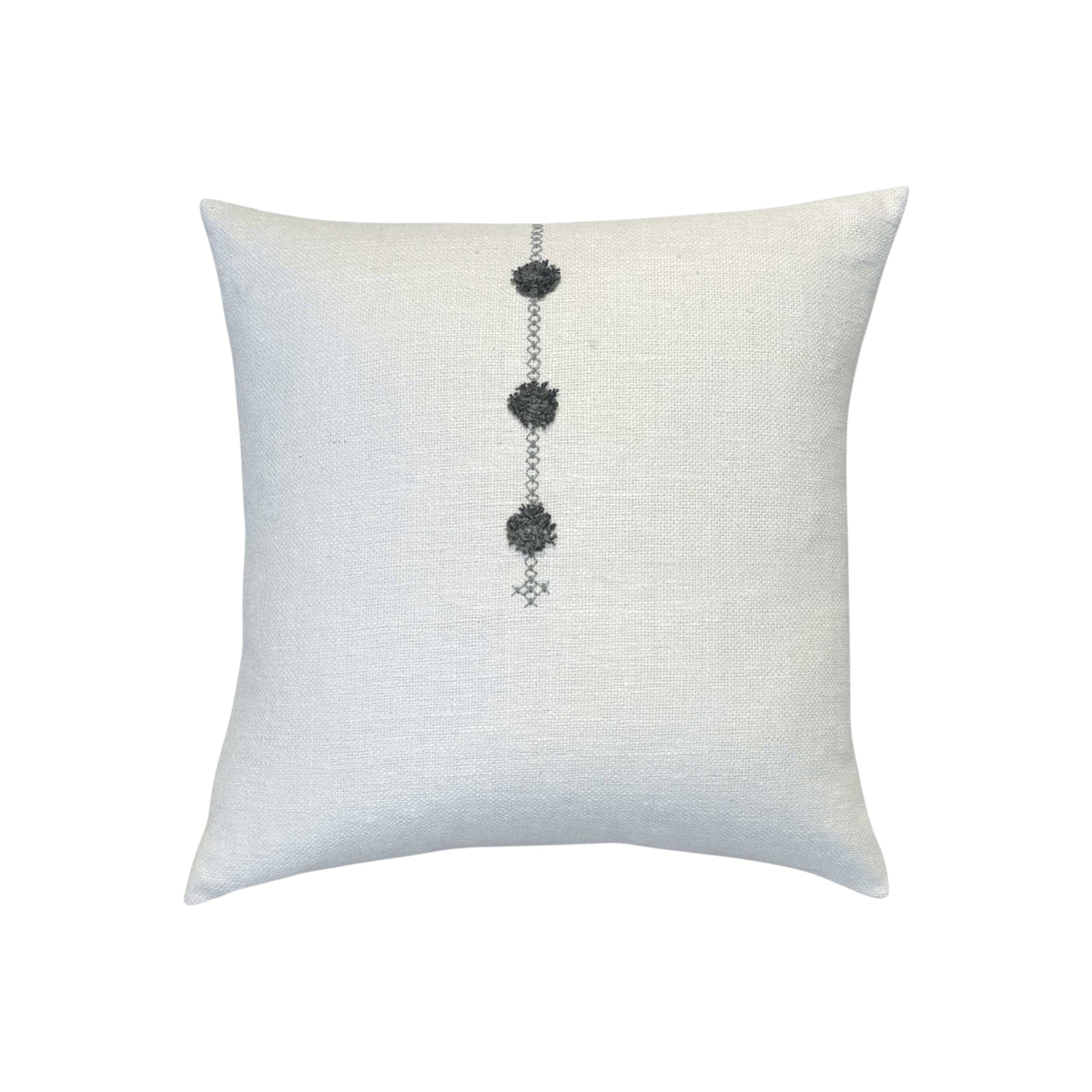 Flora Teal & Olive Pillow by One Bi One — Belgian linen with hand-embroidered rosette motifs in teal and olive, handcrafted in Gothenburg, Sweden
