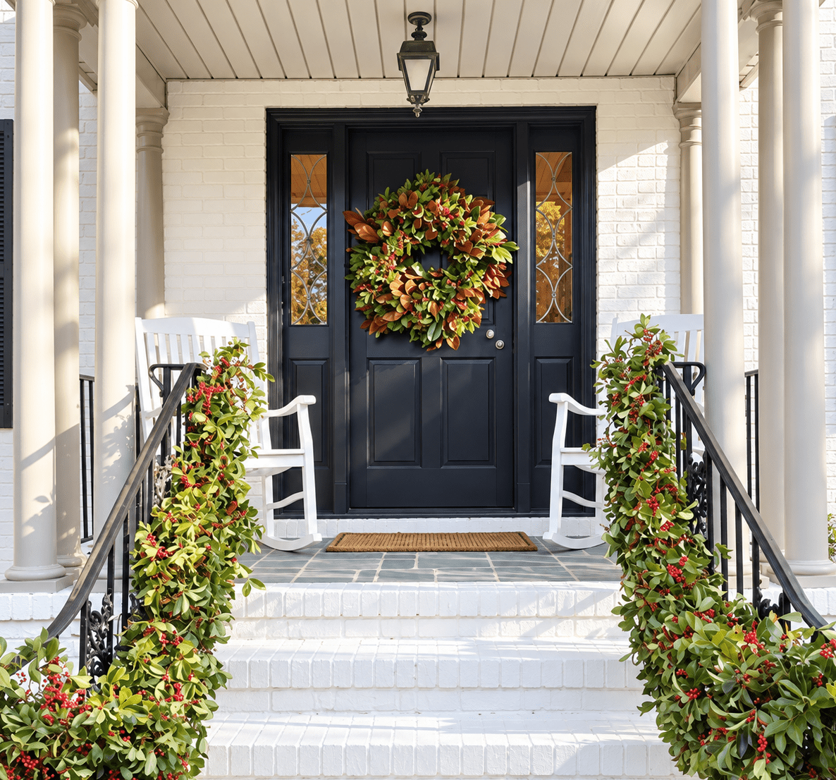 28-inch fresh magnolia wreath on a black front door of a white brick porch with columns and a hanging lantern