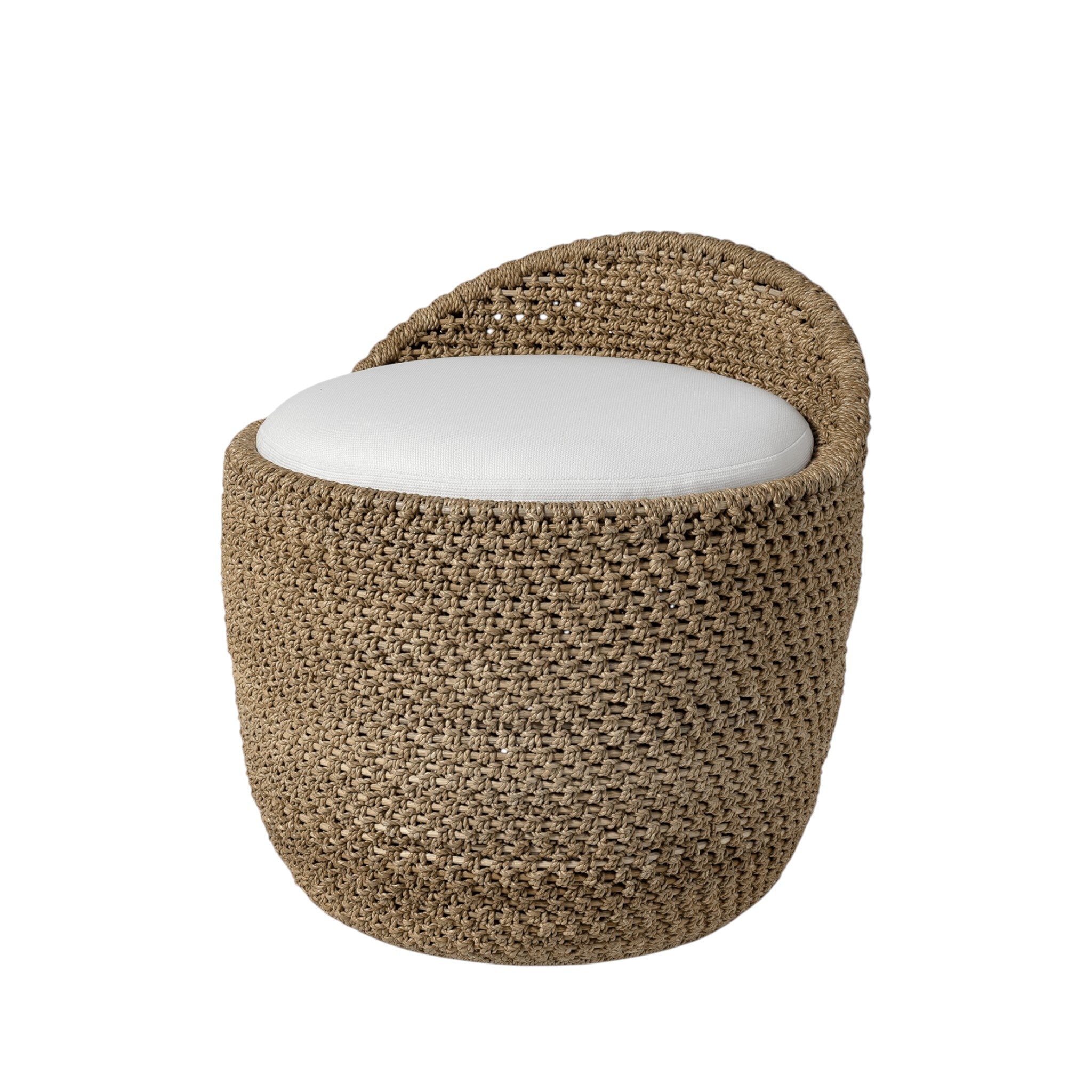 Calimia Home Green Oaks swivel stool with a natural woven rope frame and a comfortable white upholstered seat.