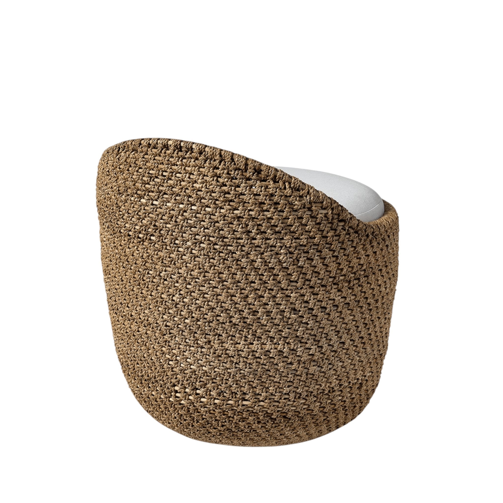 Calimia Home Green Oaks swivel stool with natural woven rope exterior and a white upholstered seat, back view.