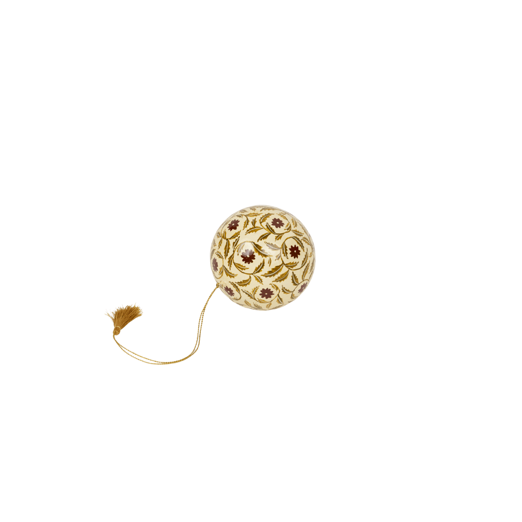 Maison Poire Marguerite hand-painted papier-mâché ornament in red with a gold cord and tassel