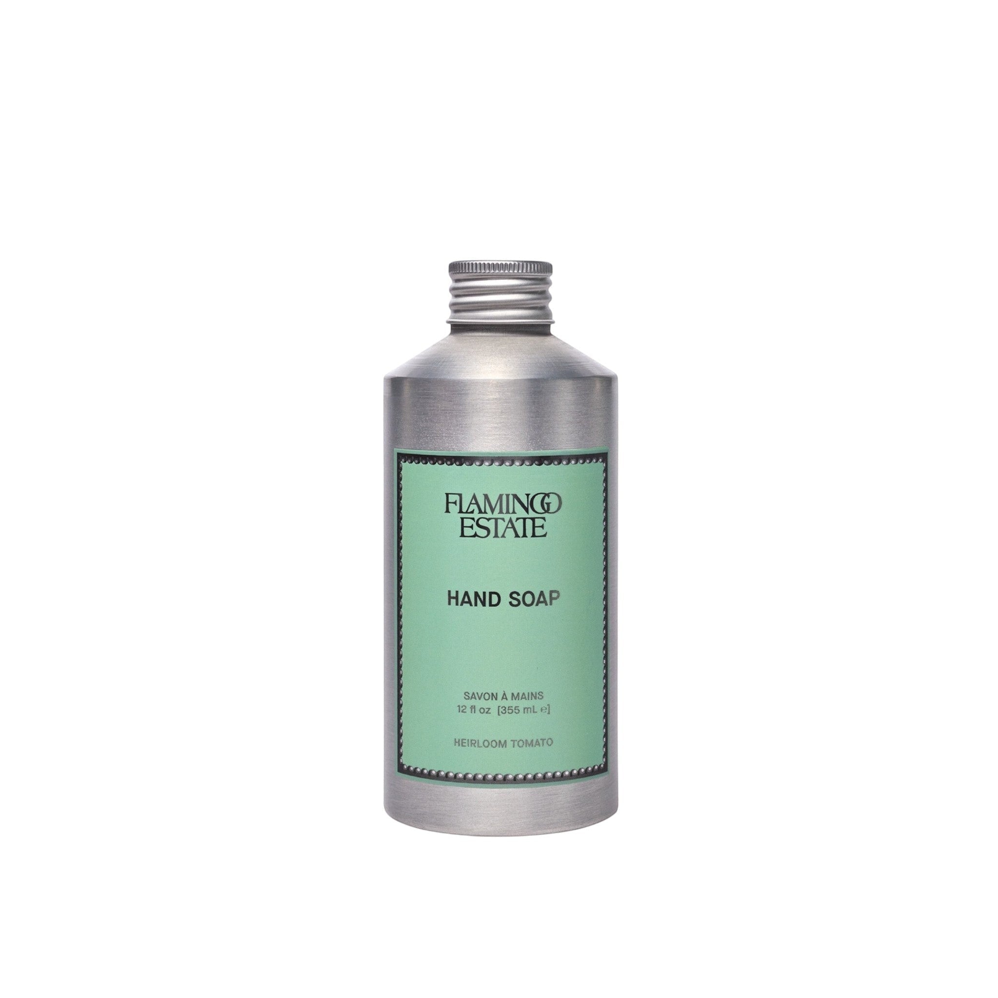 Flamingo Estate Heirloom Tomato hand soap in a recyclable silver aluminum bottle with a green label