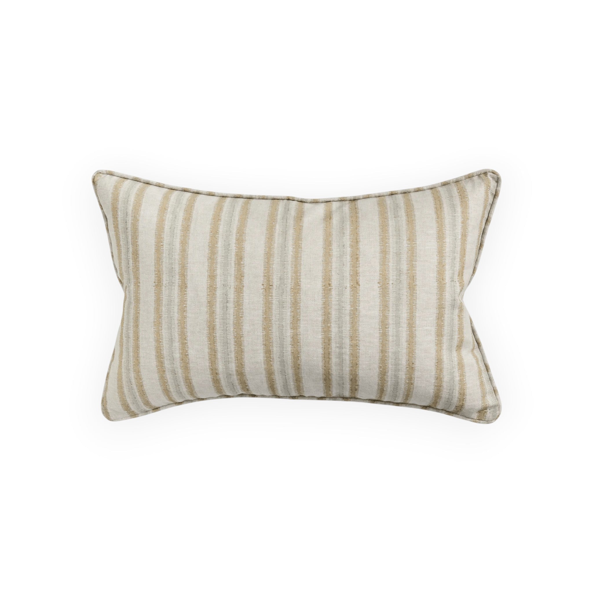 Walter G Indira Elm lumbar pillow with hand block-printed irregular beige stripes and piped edges.