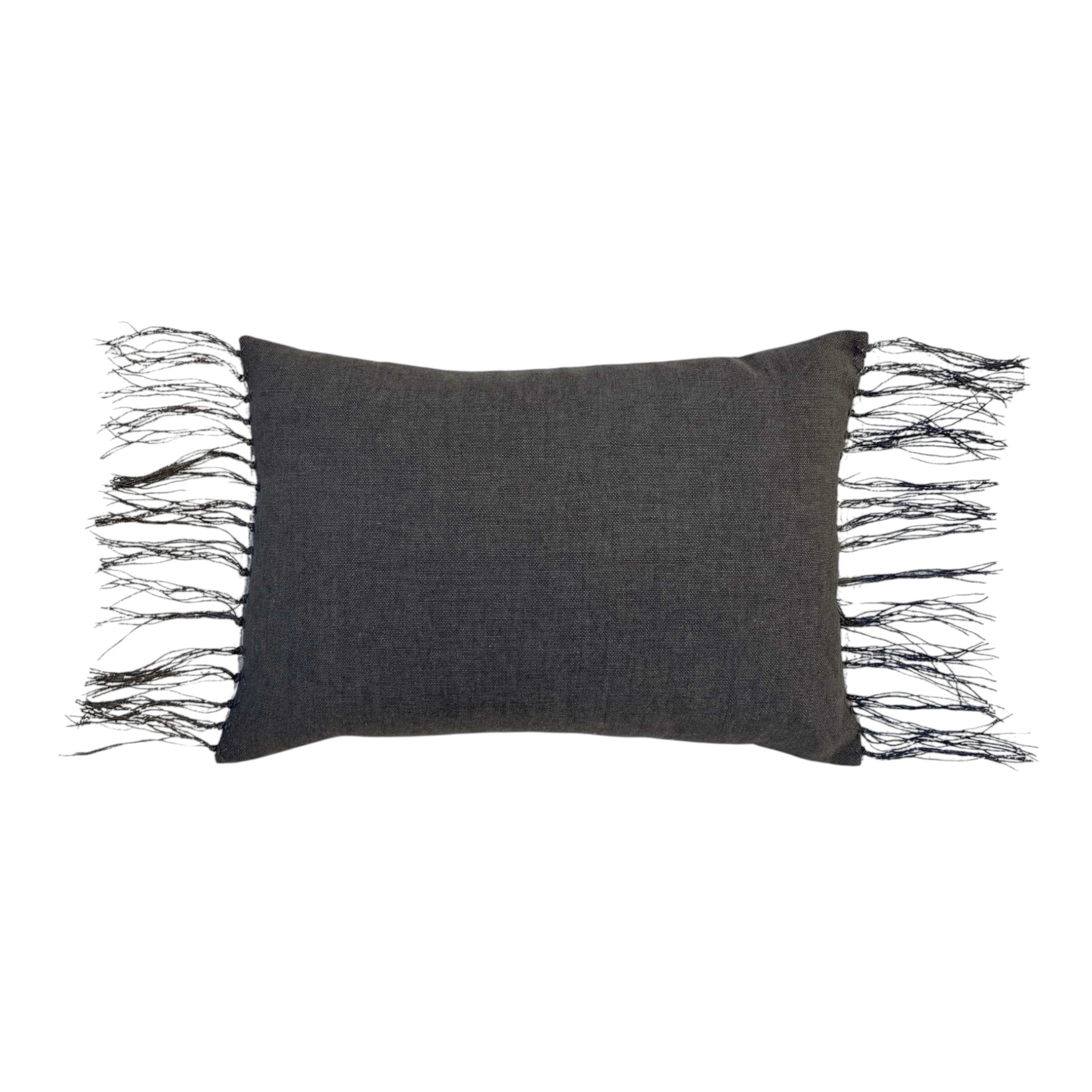 Ines Charcoal Lumbar Pillow by One Bi One — dark gray Belgian linen with wool hand embroidery and fringe edges, handcrafted in Gothenburg, Sweden