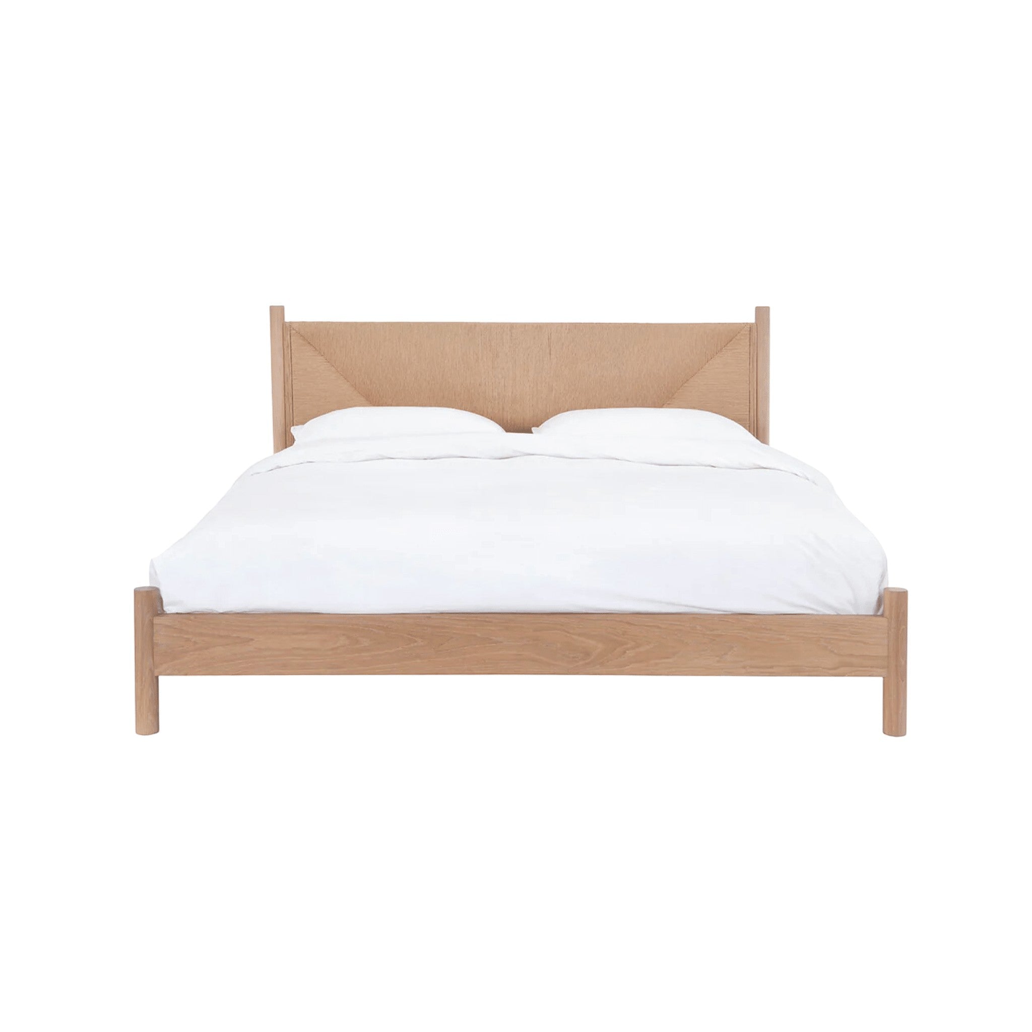 Calimia Home Kelma Bed in natural oak with a hand-woven paper cord headboard and minimalist wooden frame