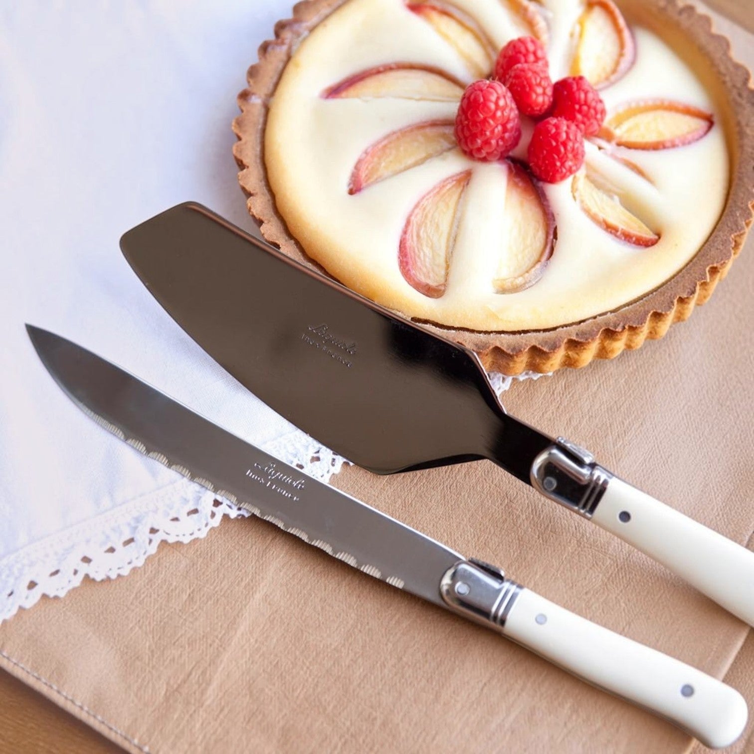 Calimia Home Laguiole ivory cake slicer and serrated bread knife set with stainless steel blades and wooden box