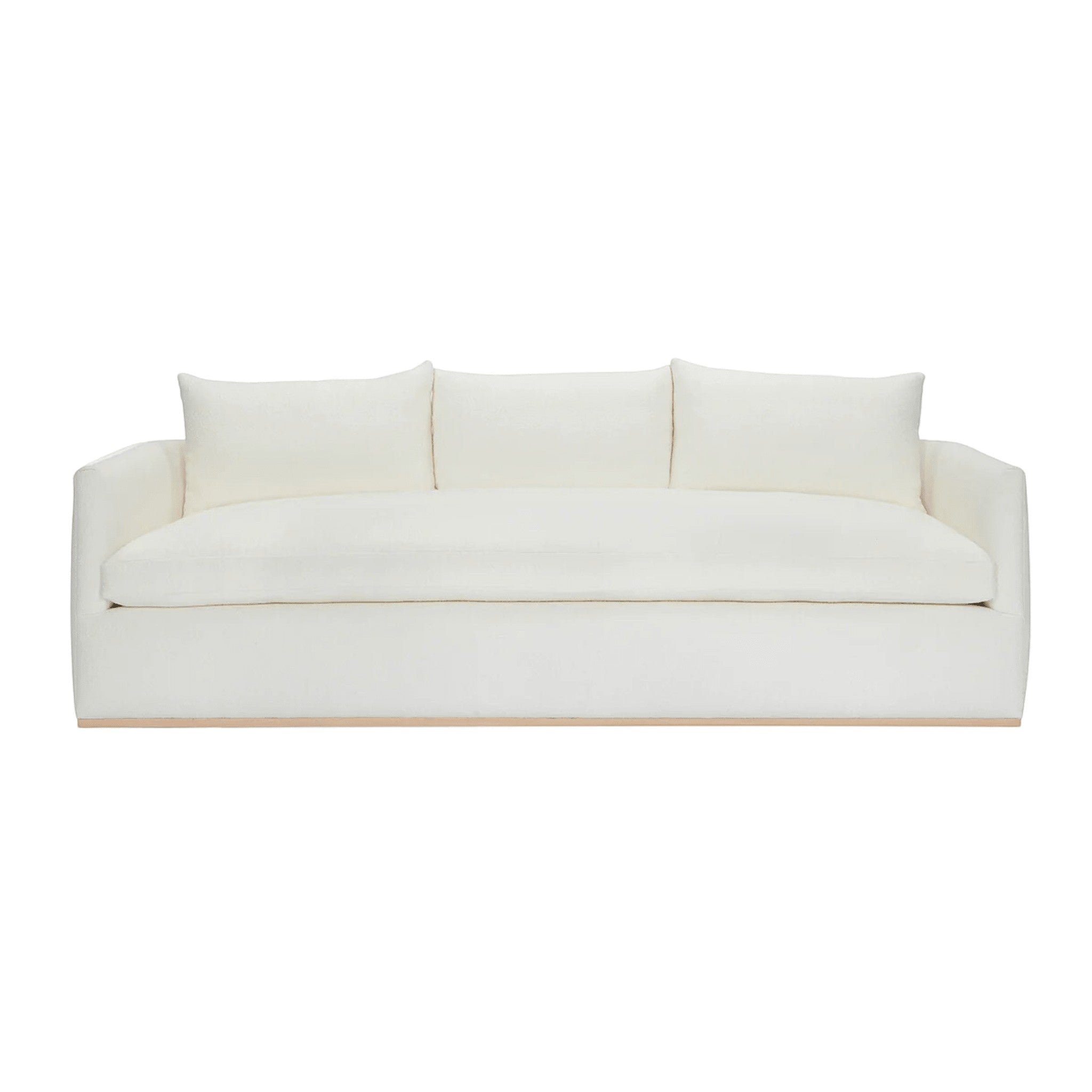 Calimia Home Landis sofa in nubby oyster Belgian linen with track arms and a natural oak base, front view.