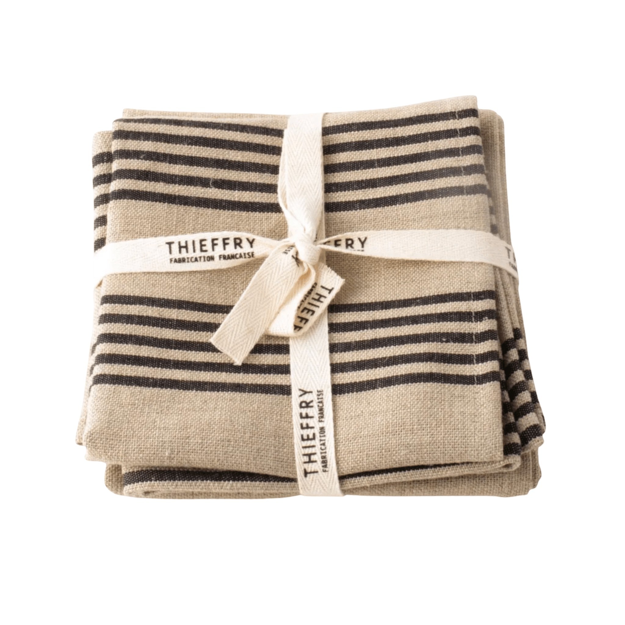 Be Home set of two Belgian linen dish towels in natural beige with black stripes tied with a branded ribbon