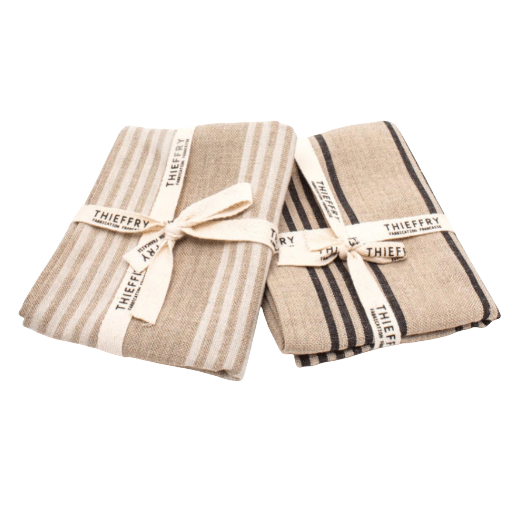 Be Home set of two Belgian linen dish towels in natural beige with black and white woven stripes tied with ribbon