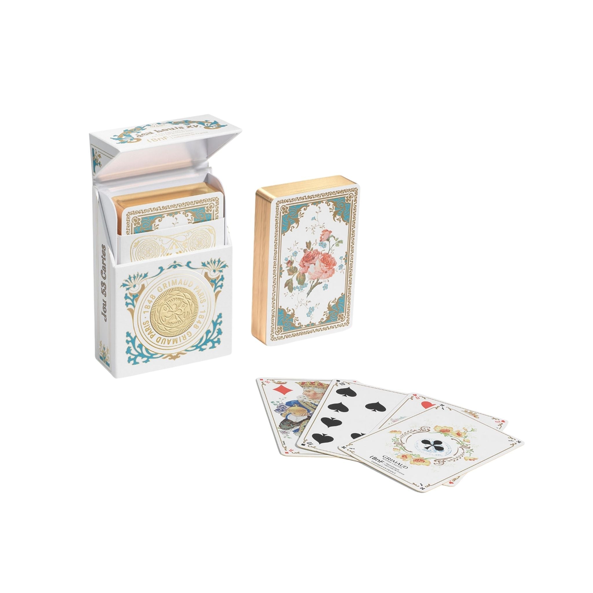 Grimaud Louis XV playing cards dolphin bue deck, BnF archives collaboration, luxury French Art Nouveau playing cards with gold gilded edges