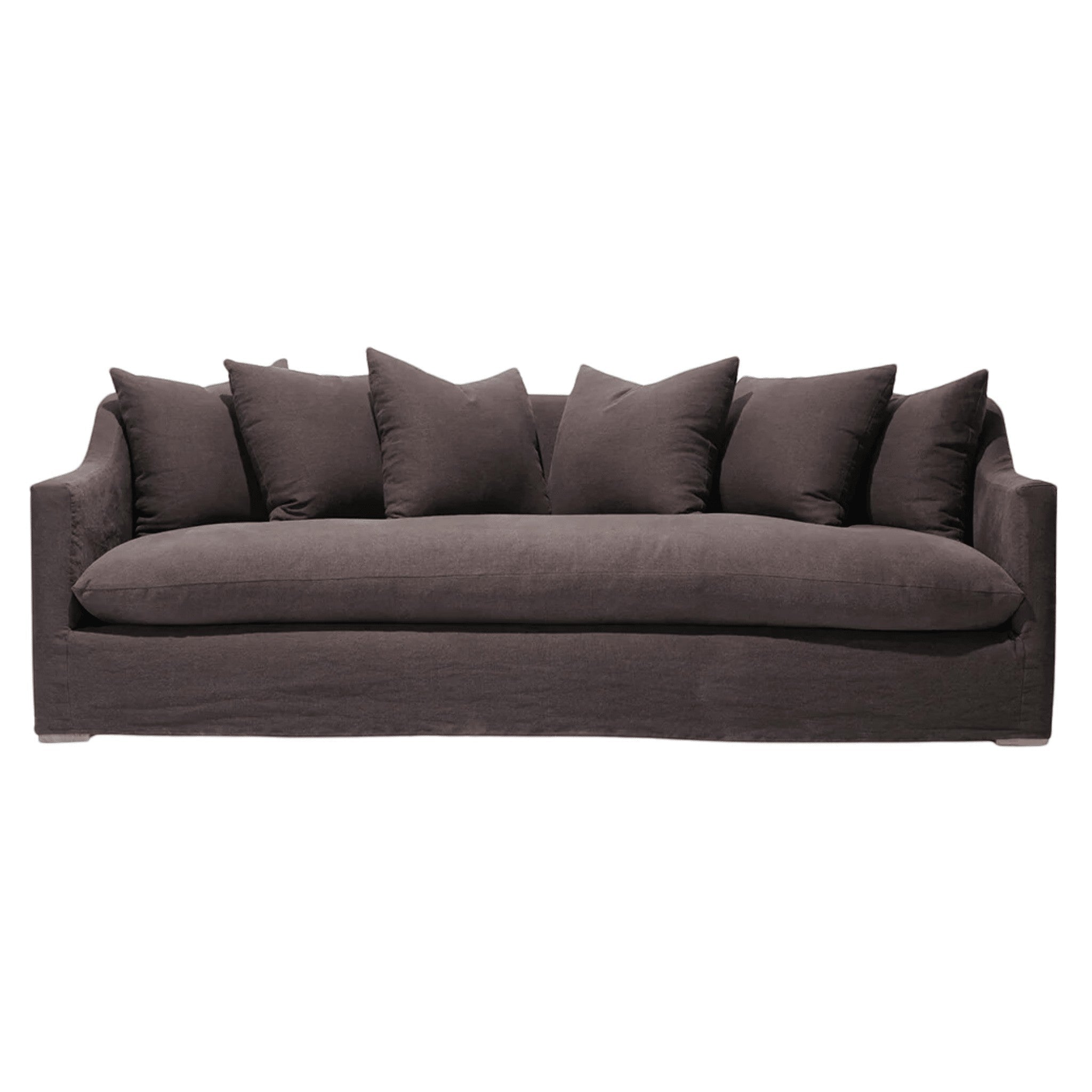 Calimia Home Marie Slope Sofa in dark brown Belgian linen with sloped arms and a plush bench seat cushion.