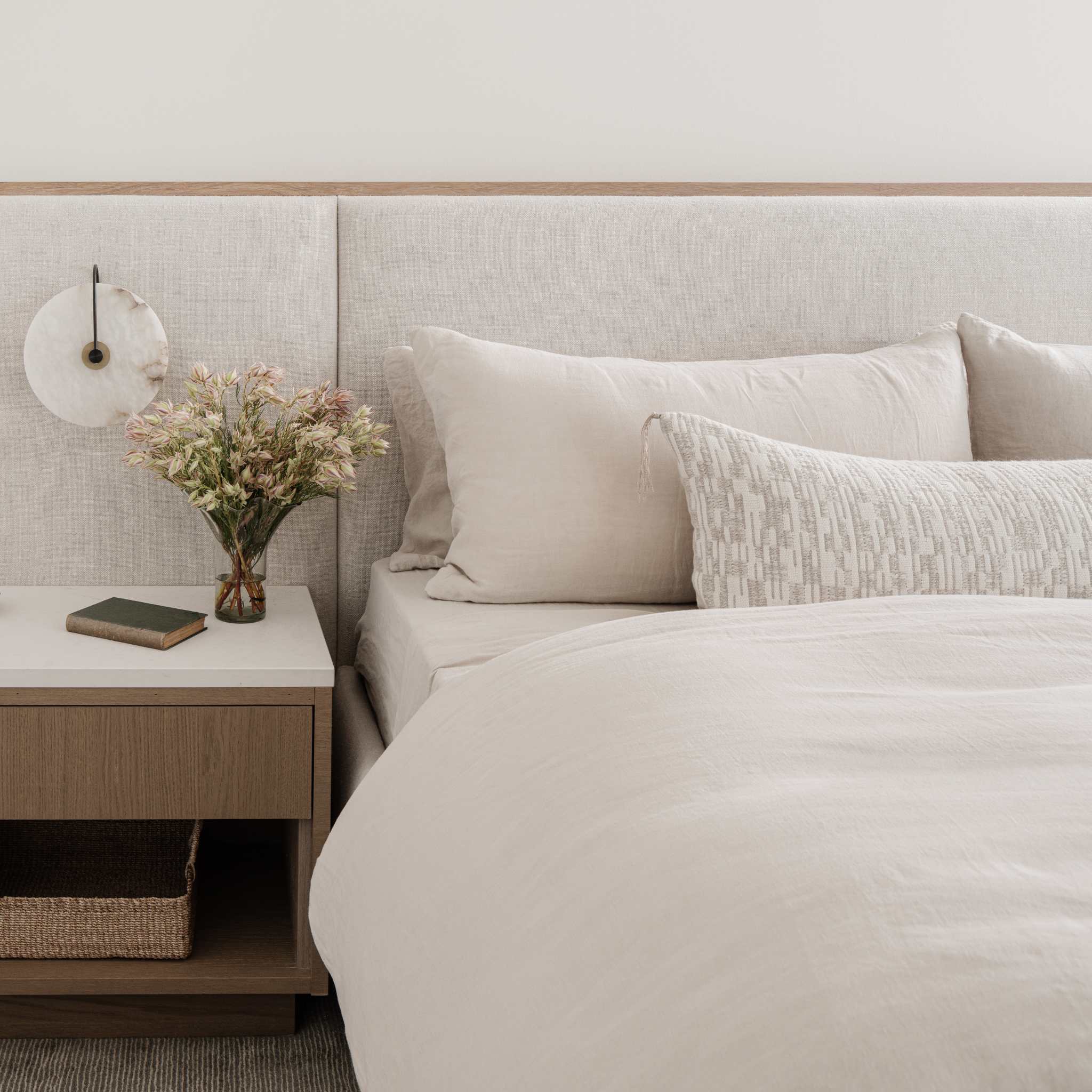 Mira Long Lumbar Pillow by One Bi One — Belgian linen with tasseled corners and wool embroidery, handcrafted in Gothenburg, Sweden