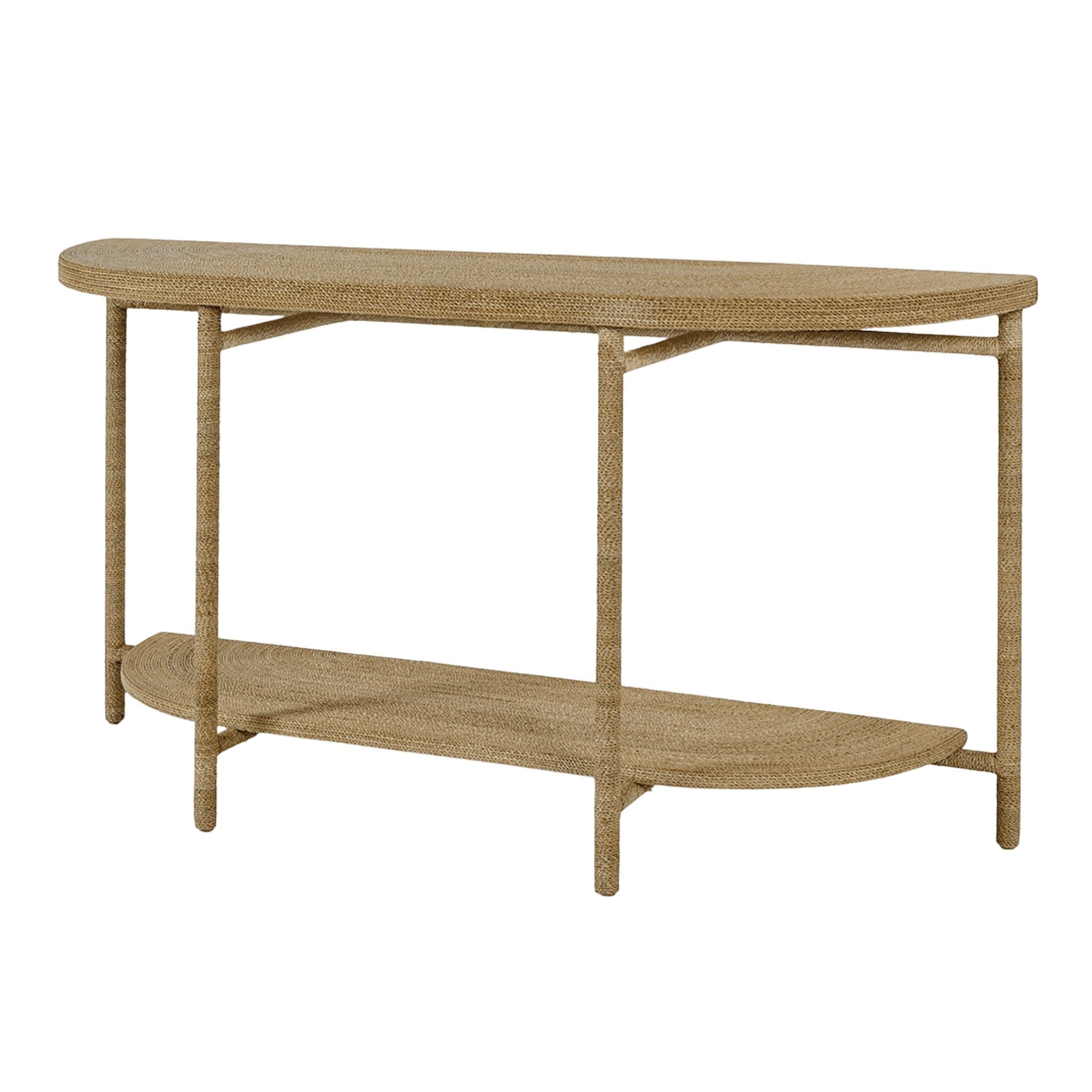 Calimia Home Monarch console table with a metal frame hand-wrapped in natural seagrass rope and a lower shelf.