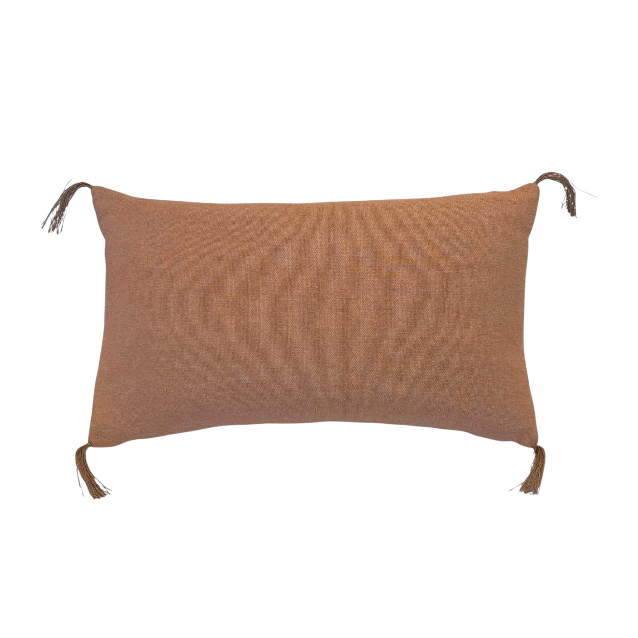 Naia Terracotta Lumbar Pillow by One Bi One — subdued orange Belgian linen with hand-tied corner tassels, 18 × 12 in, handcrafted in Gothenburg, Sweden